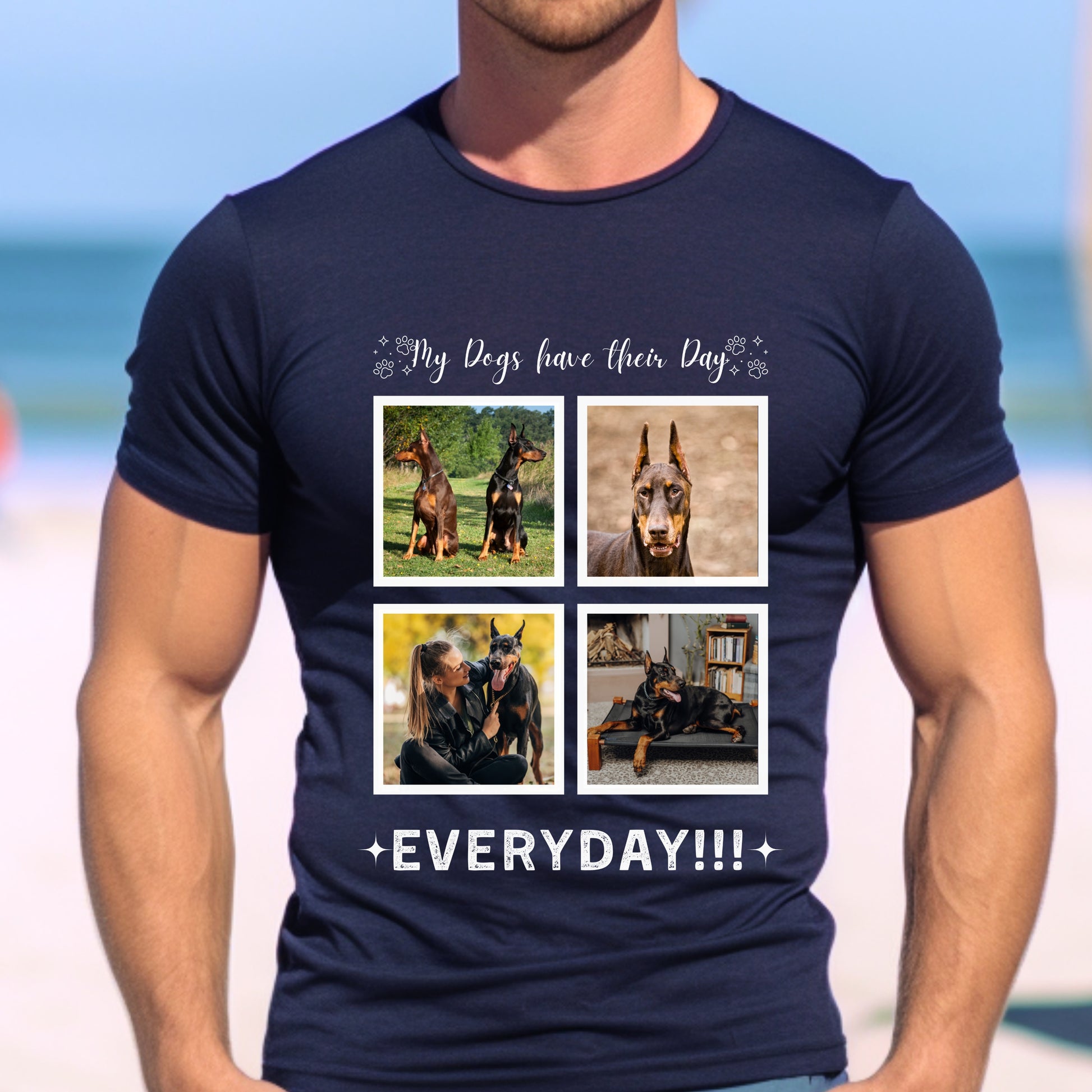Personalizable with Custom Dog Photos, Premium Cotton Crewneck T-shirt for Dog Owner, Add Four Photos their day context navy male context