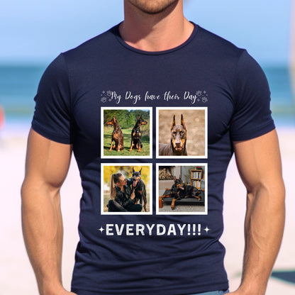 Personalizable with Custom Dog Photos, Premium Cotton Crewneck T-shirt for Dog Owner, Add Four Photos their day context navy male context