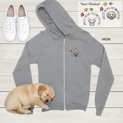 Gray Zip hoodie with Best Dog Mom Ever! and Golden Retreiver embroidery, sleeping puppy, and white sneakers on a light wooden floor.