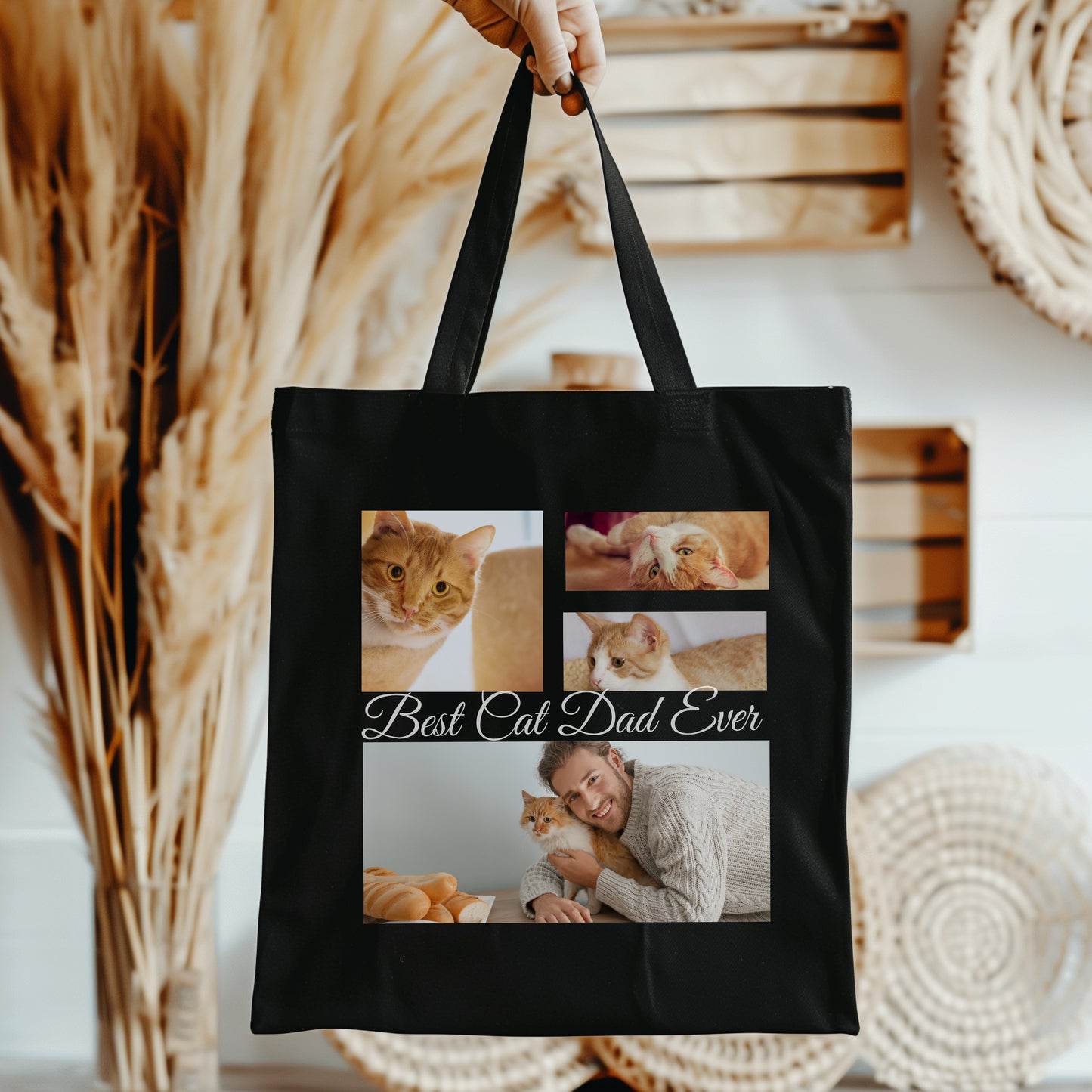 Personalize Tote Bag with Modern Elegant  Photo Collage Design Black bag colour white text flat layout