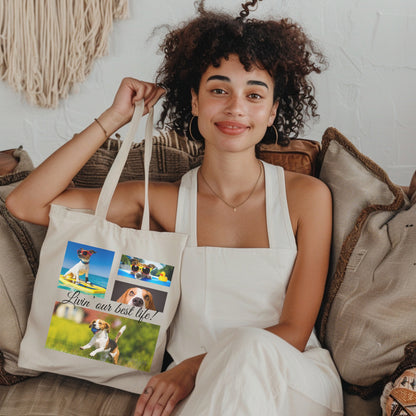Personalize Tote Bag with Modern Elegant  Photo Collage Design natural colour black text context