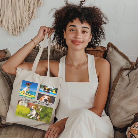 Personalize Tote Bag with Modern Elegant  Photo Collage Design natural colour black text context