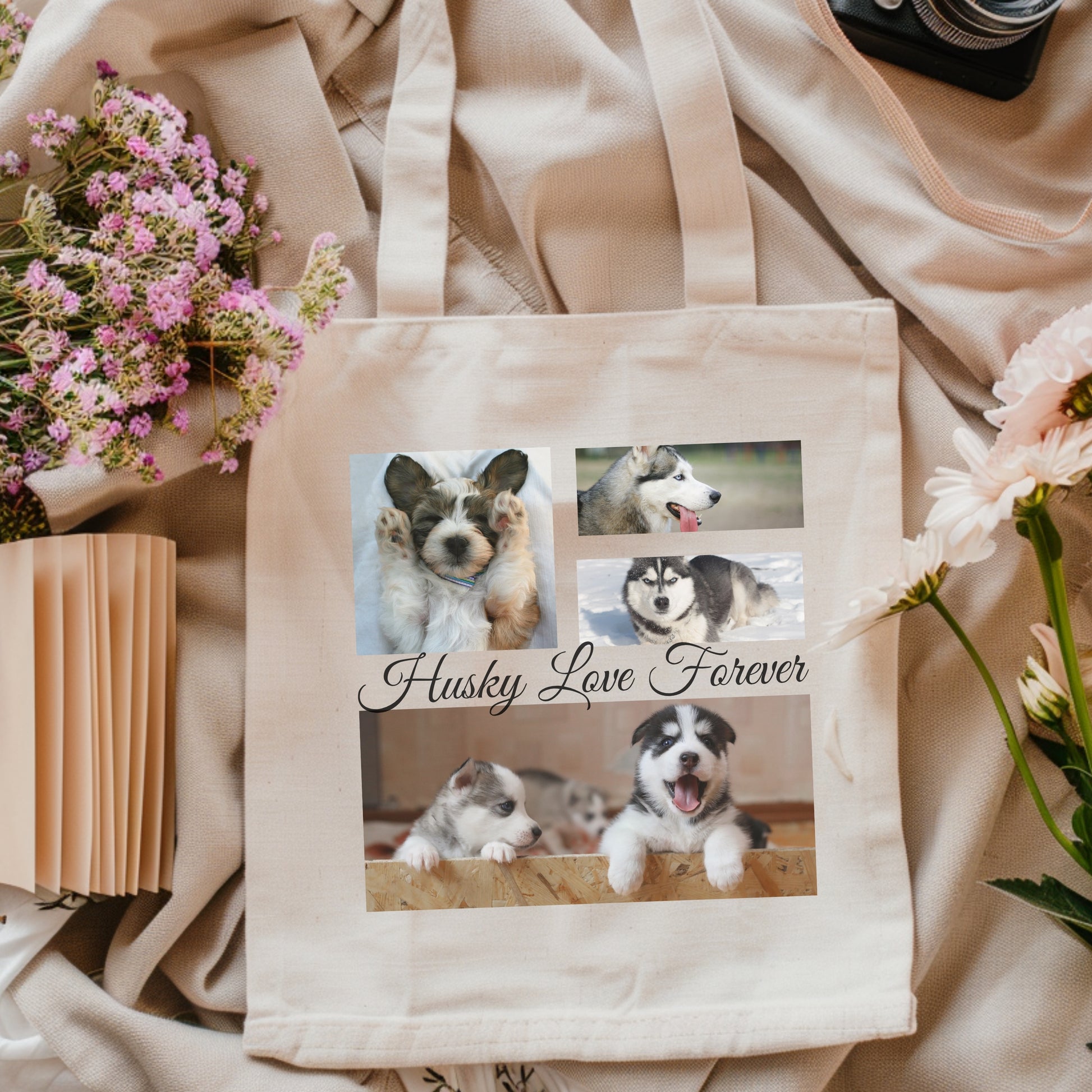 Personalize Tote Bag with Modern Elegant  Photo Collage Design natural colour black text flat layout