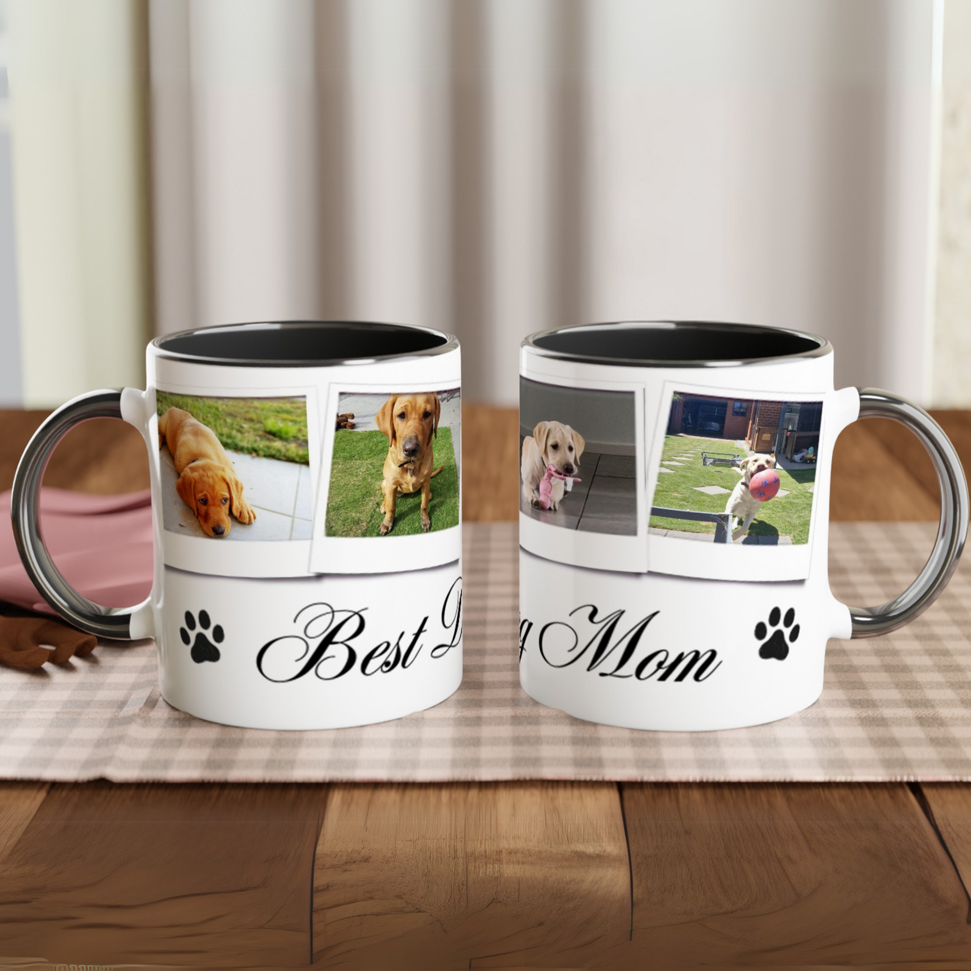 Personalize with 4 dog photos White 11oz Ceramic Mug with black Color Inside dog mom  context