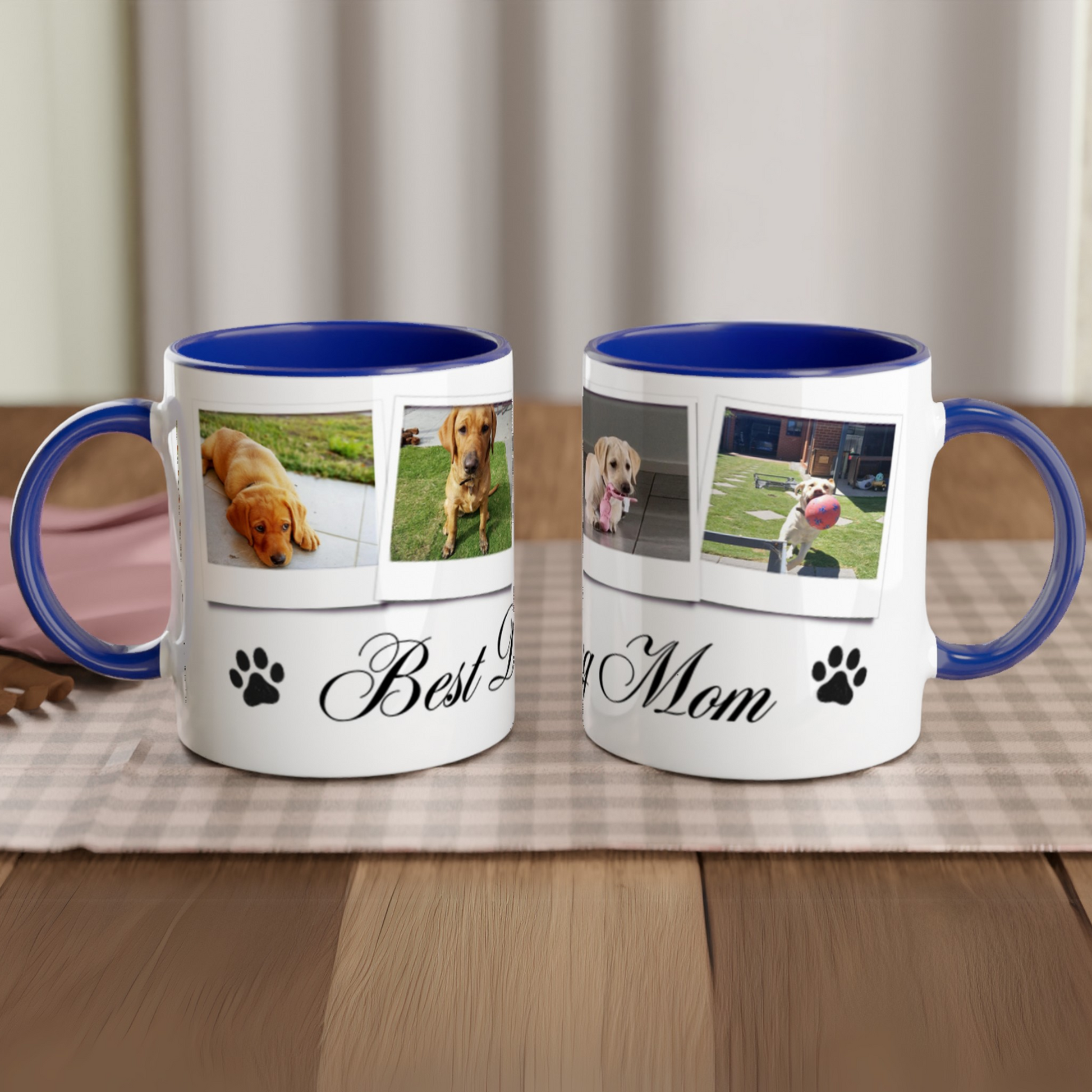 Personalize with 4 dog photos White 11oz Ceramic Mug with blue Color Inside dog mom context