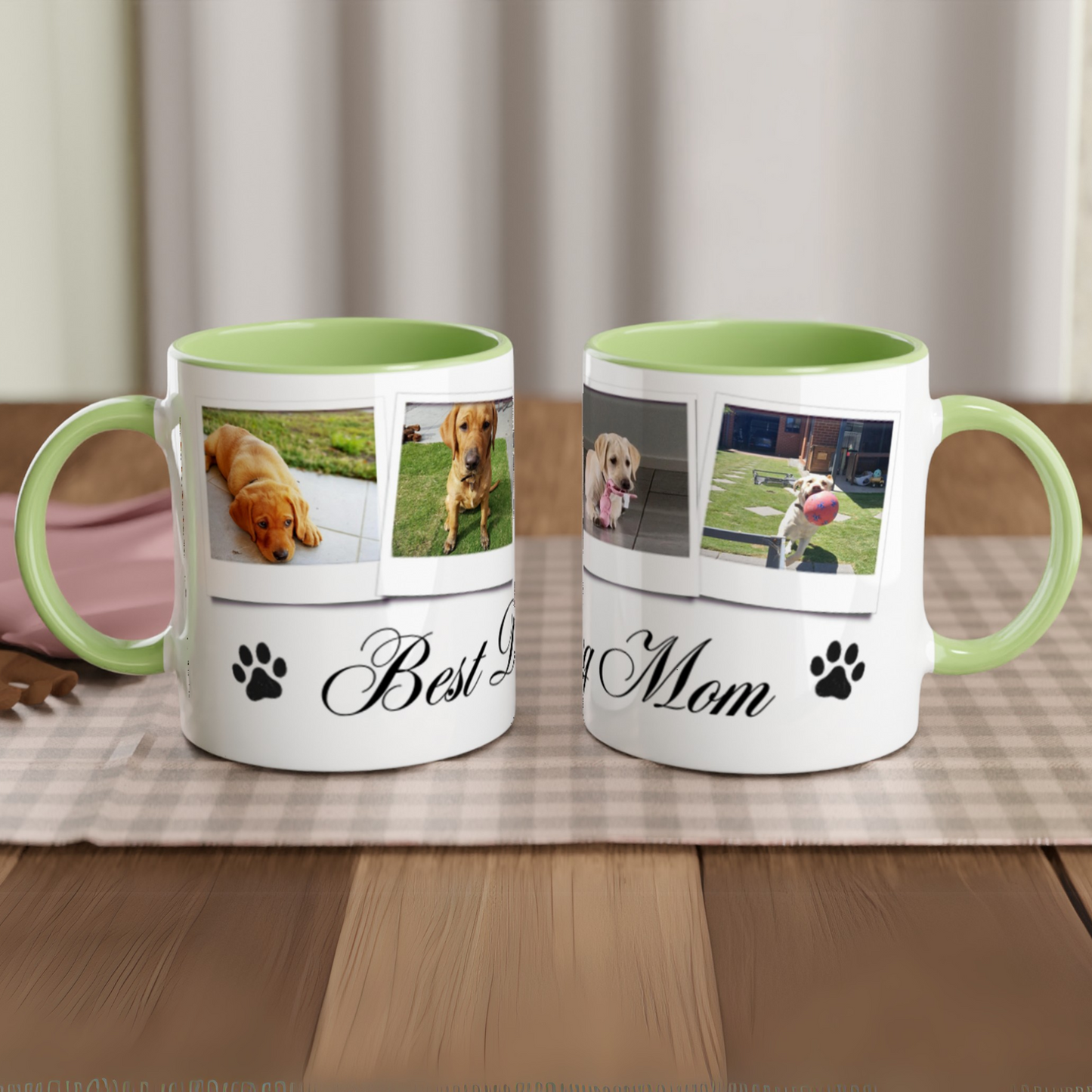 Personalize with 4 dog photos White 11oz Ceramic Mug with green Color Inside dog mom context