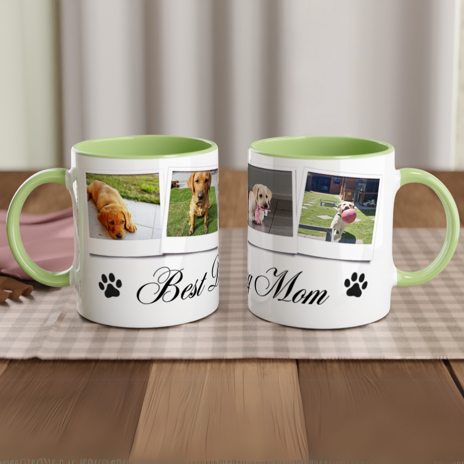 Personalize with 4 dog photos White 11oz Ceramic Mug with green Color Inside dog mom context