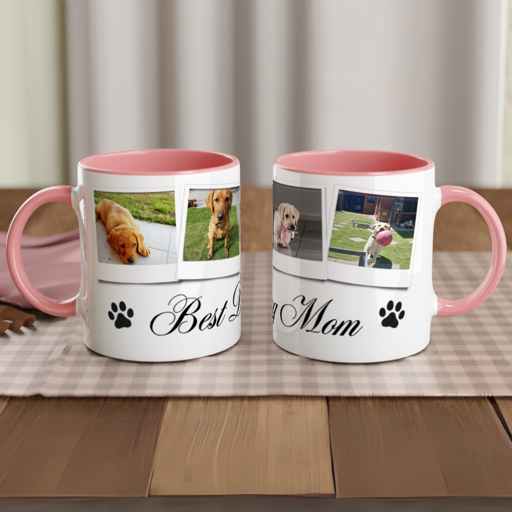 Personalize with 4 dog photos White 11oz Ceramic Mug with pink Color Inside dog mom context