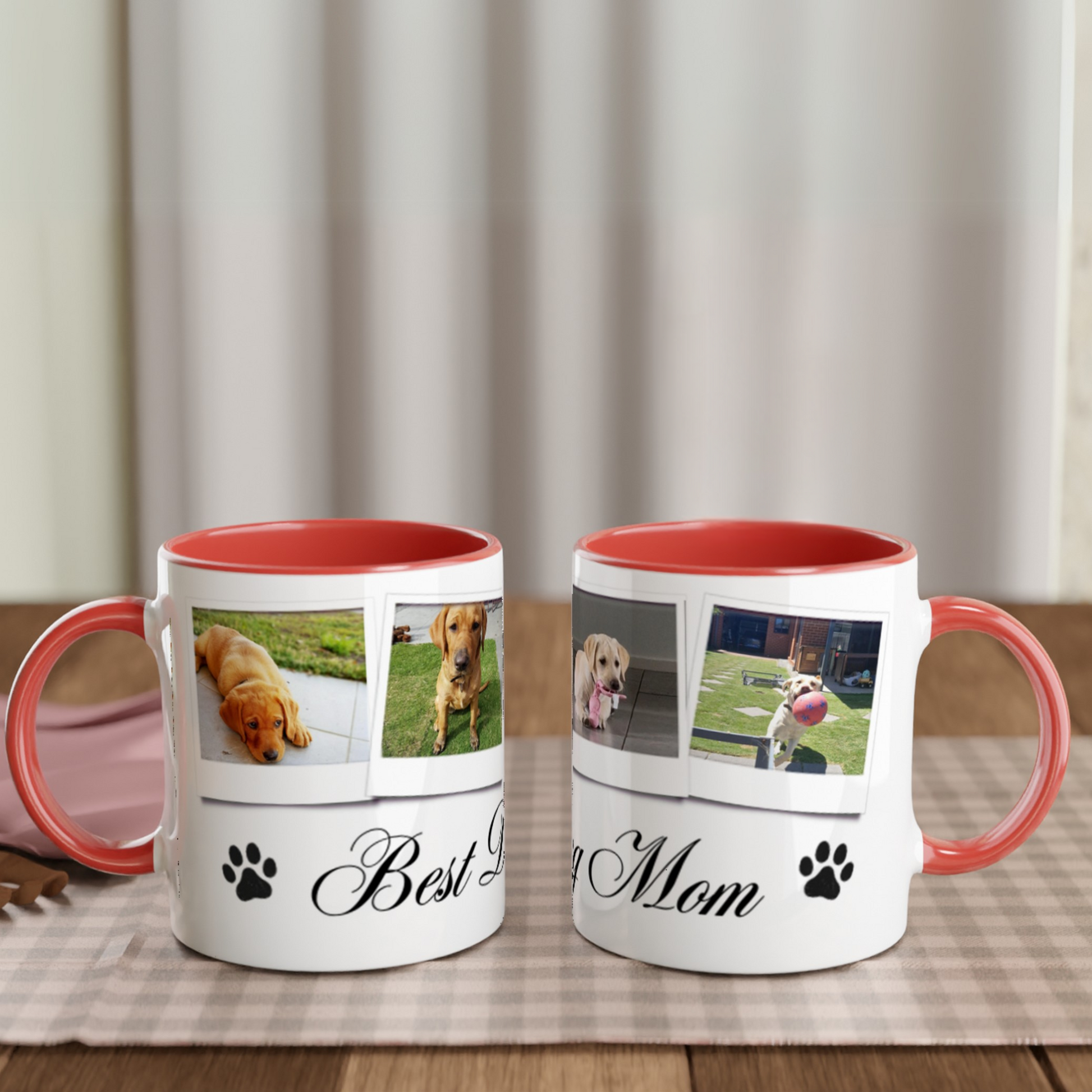 Personalize with 4 dog photos White 11oz Ceramic Mug with red  Color Inside dog mom context