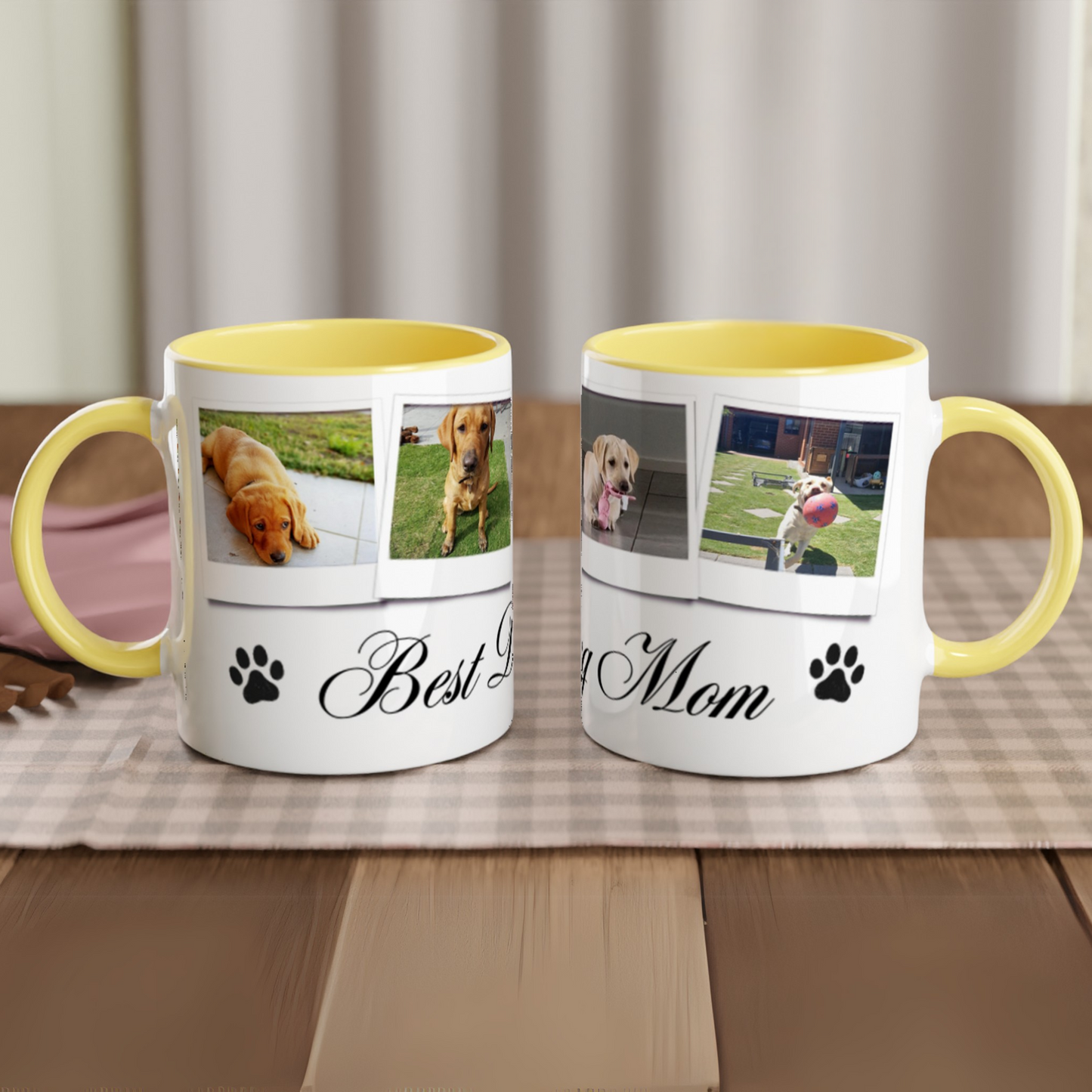 Personalize with 4 dog photos White 11oz Ceramic Mug with yellow Color Inside dog mom context
