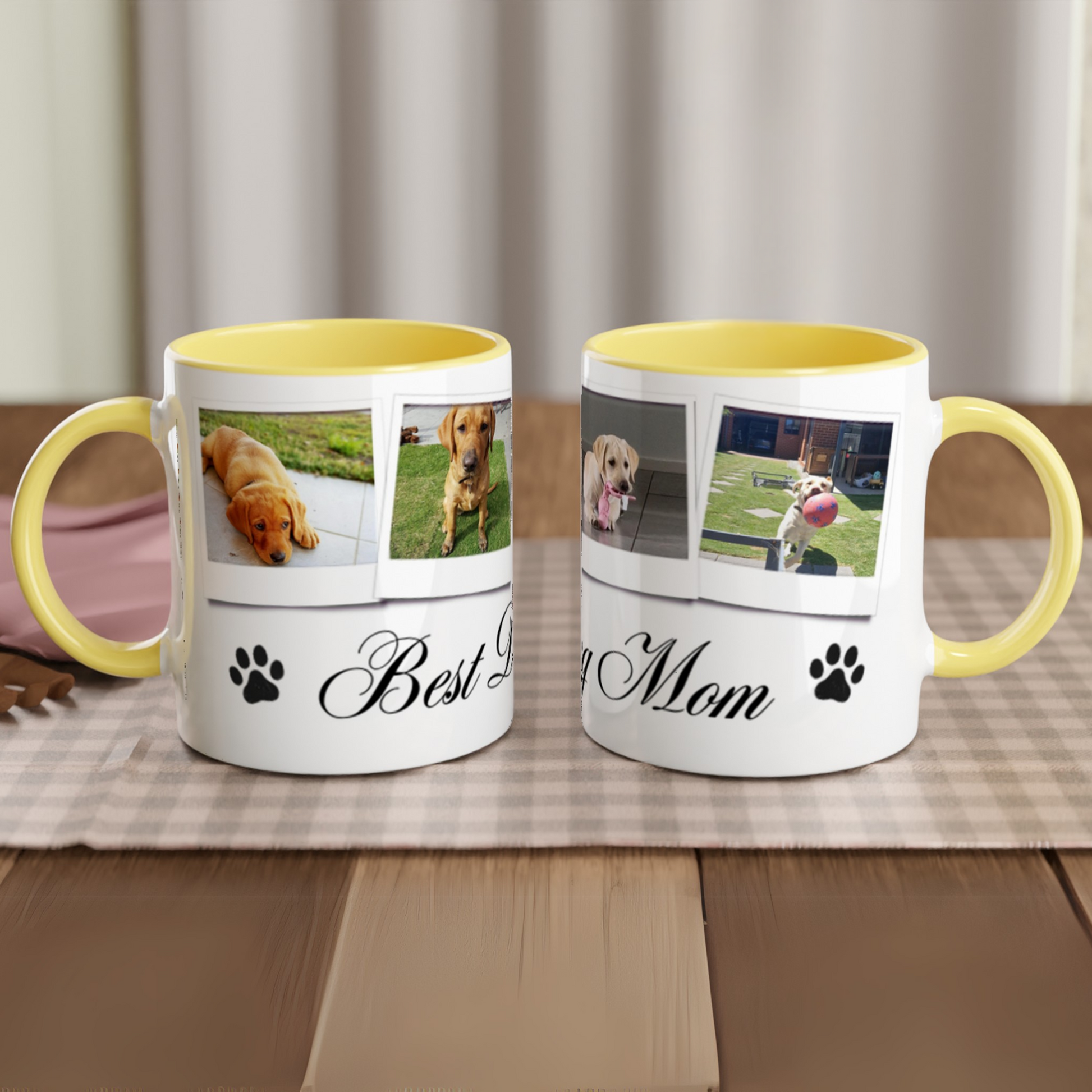 Personalize with 4 dog photos White 11oz Ceramic Mug with yellow Color Inside dog mom context