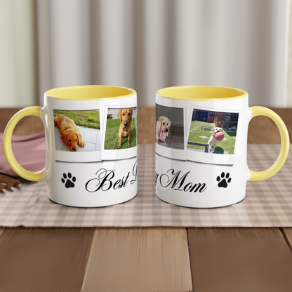 Personalize with 4 dog photos White 11oz Ceramic Mug with yellow Color Inside dog mom context
