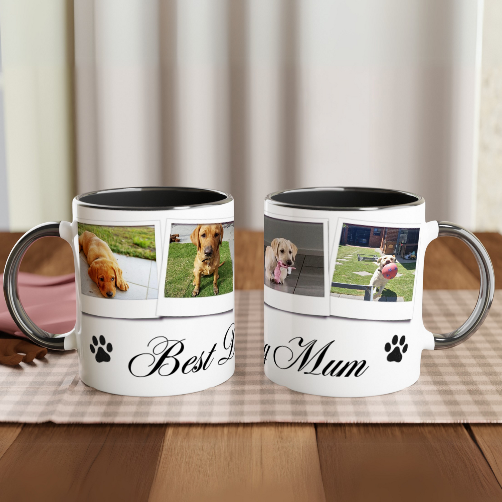 Personalize with 4 dog photos White 11oz Ceramic Mug with black Color Inside dog mum context