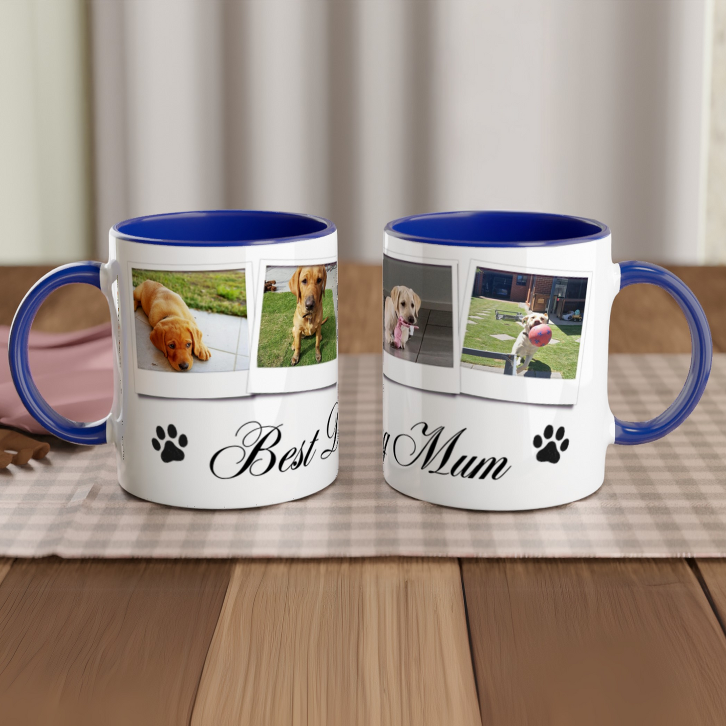 Personalize with 4 dog photos White 11oz Ceramic Mug with blue Color Inside dog mum context