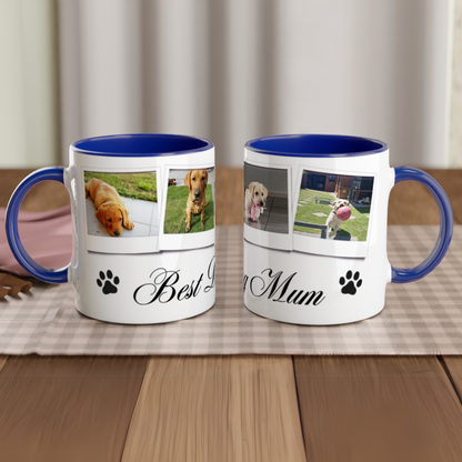 Personalize with 4 dog photos White 11oz Ceramic Mug with blue Color Inside dog mum context