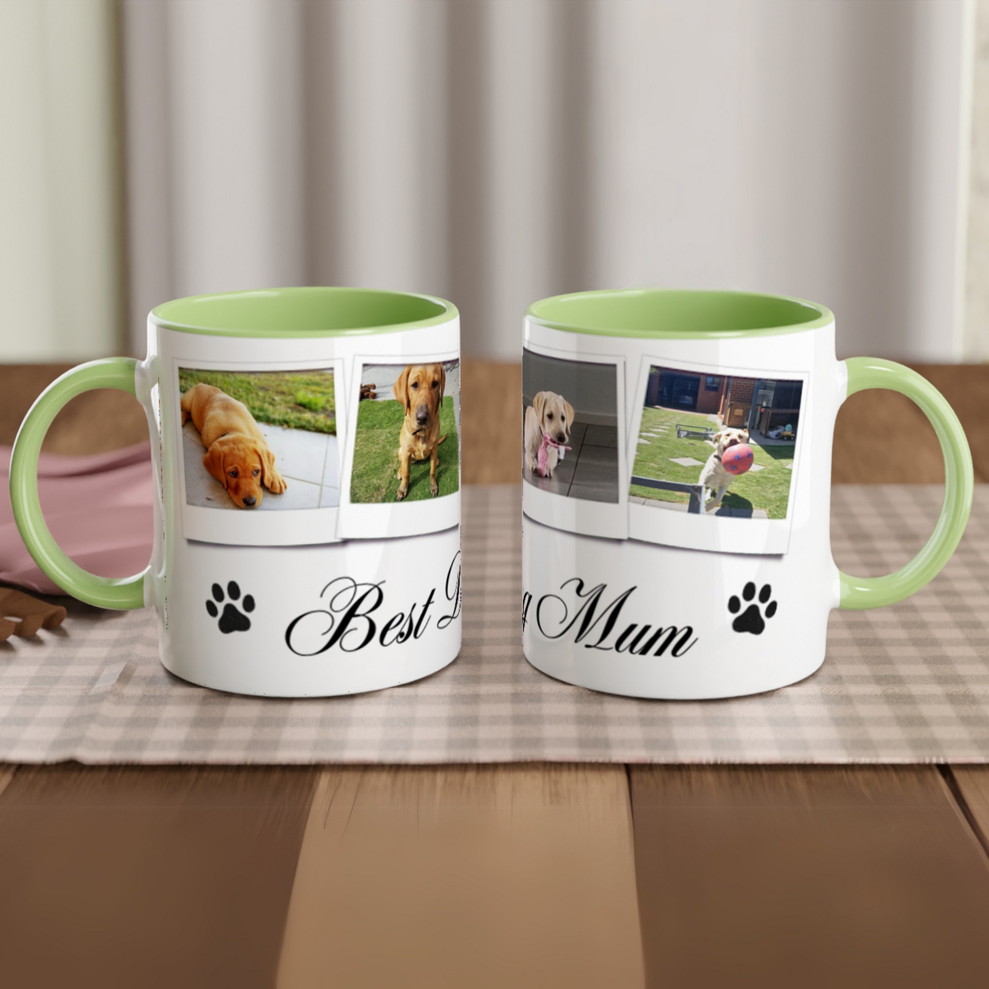 Personalize with 4 dog photos White 11oz Ceramic Mug with Color Inside dog mum green context