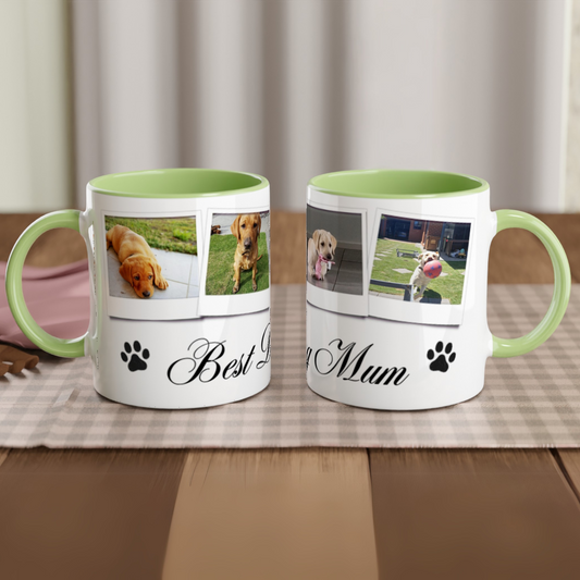 Personalize with 4 dog photos White 11oz Ceramic Mug with Color Inside dog mum green context