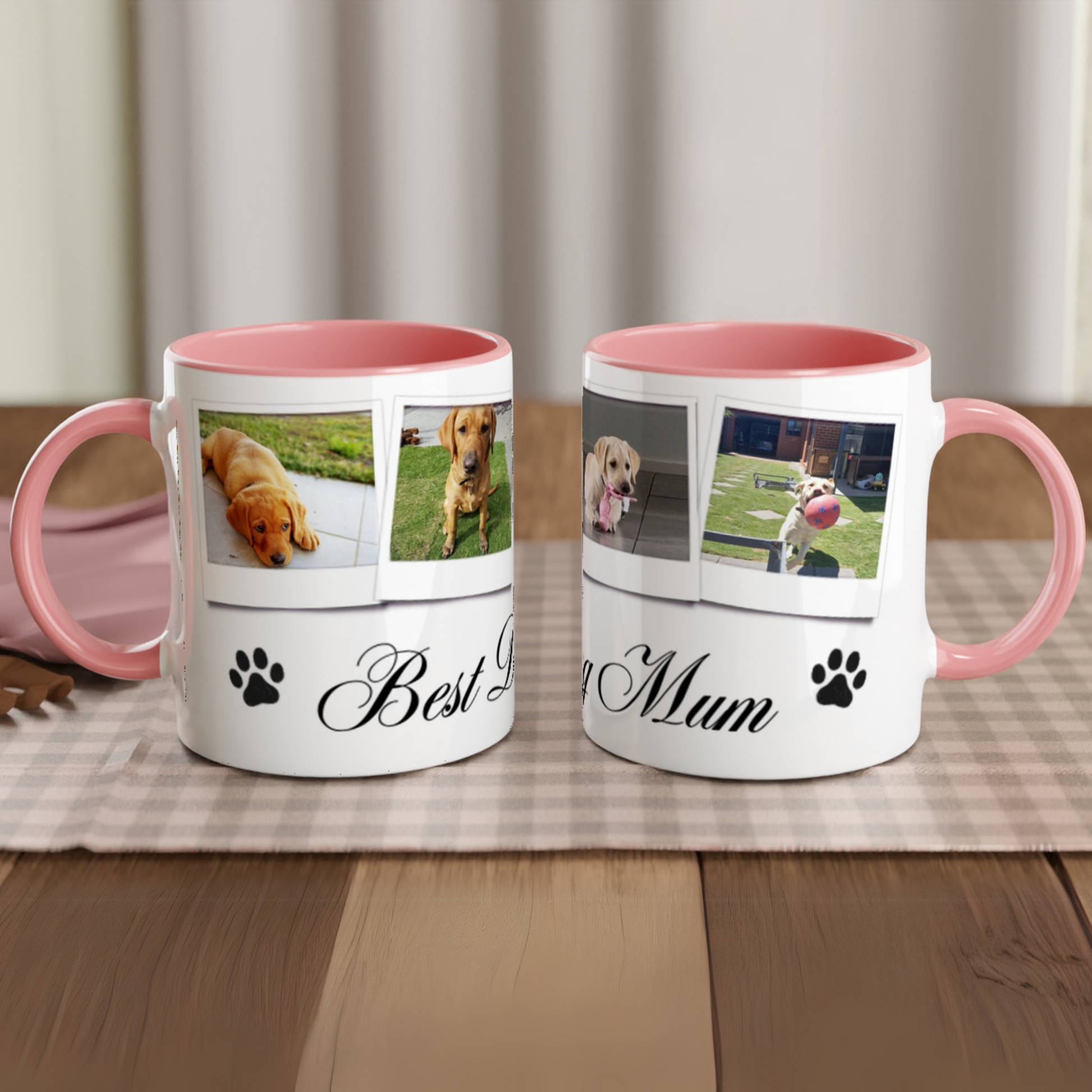 Personalize with 4 dog photos White 11oz Ceramic Mug with pink Color Inside dog mum context