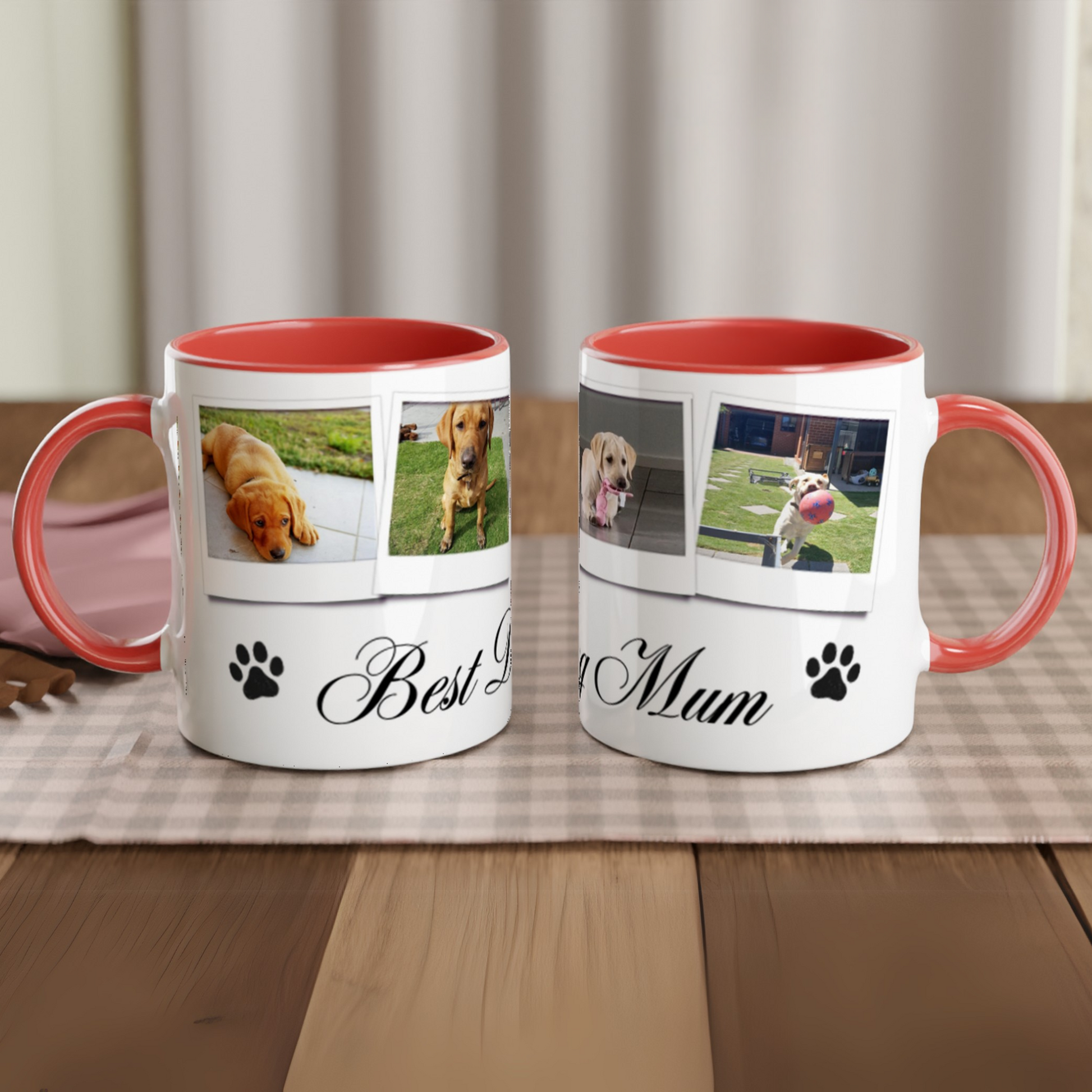 Personalize with 4 dog photos White 11oz Ceramic Mug with red Color Inside dog mum context