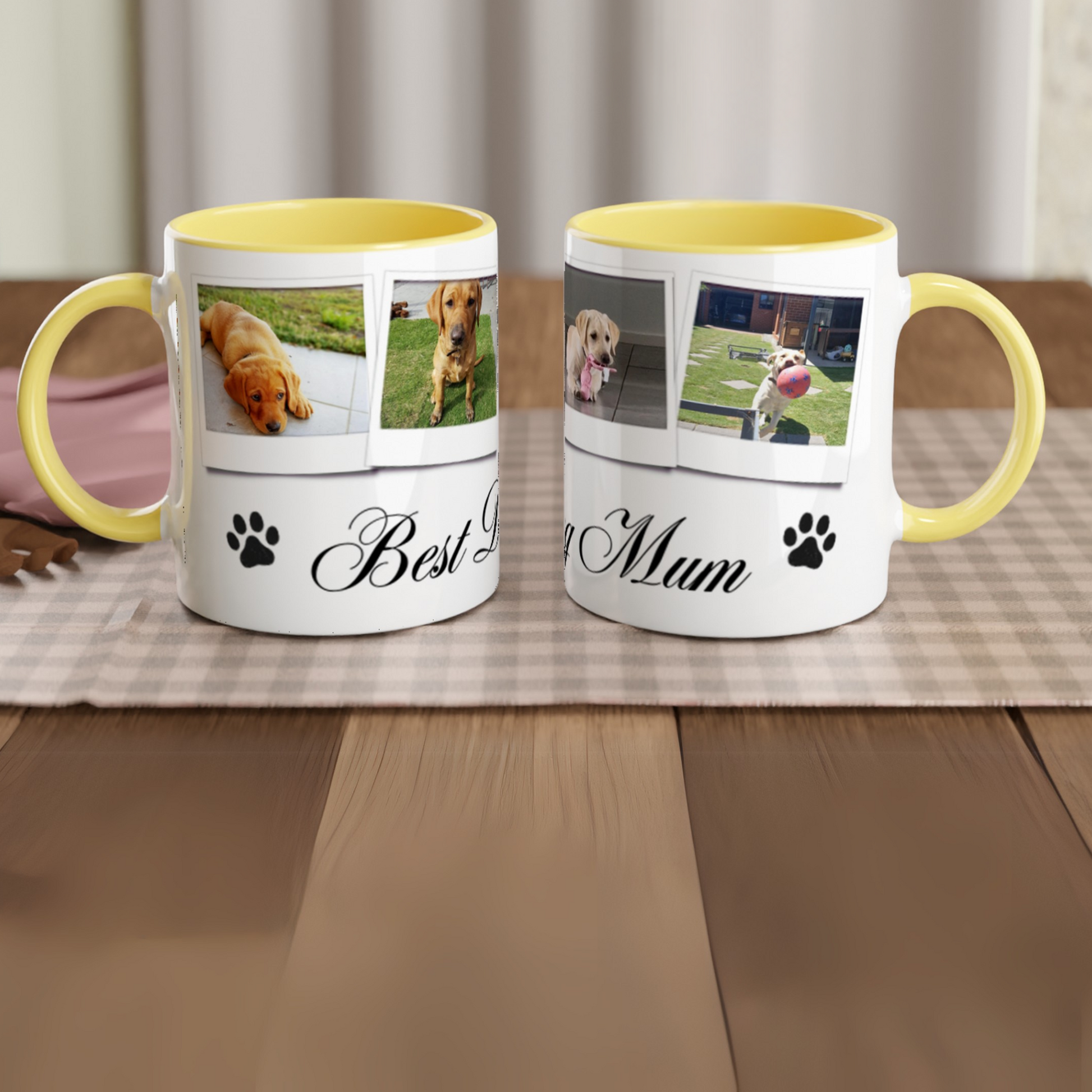 Personalize with 4 dog photos White 11oz Ceramic Mug with yellow Color Inside dog mum context