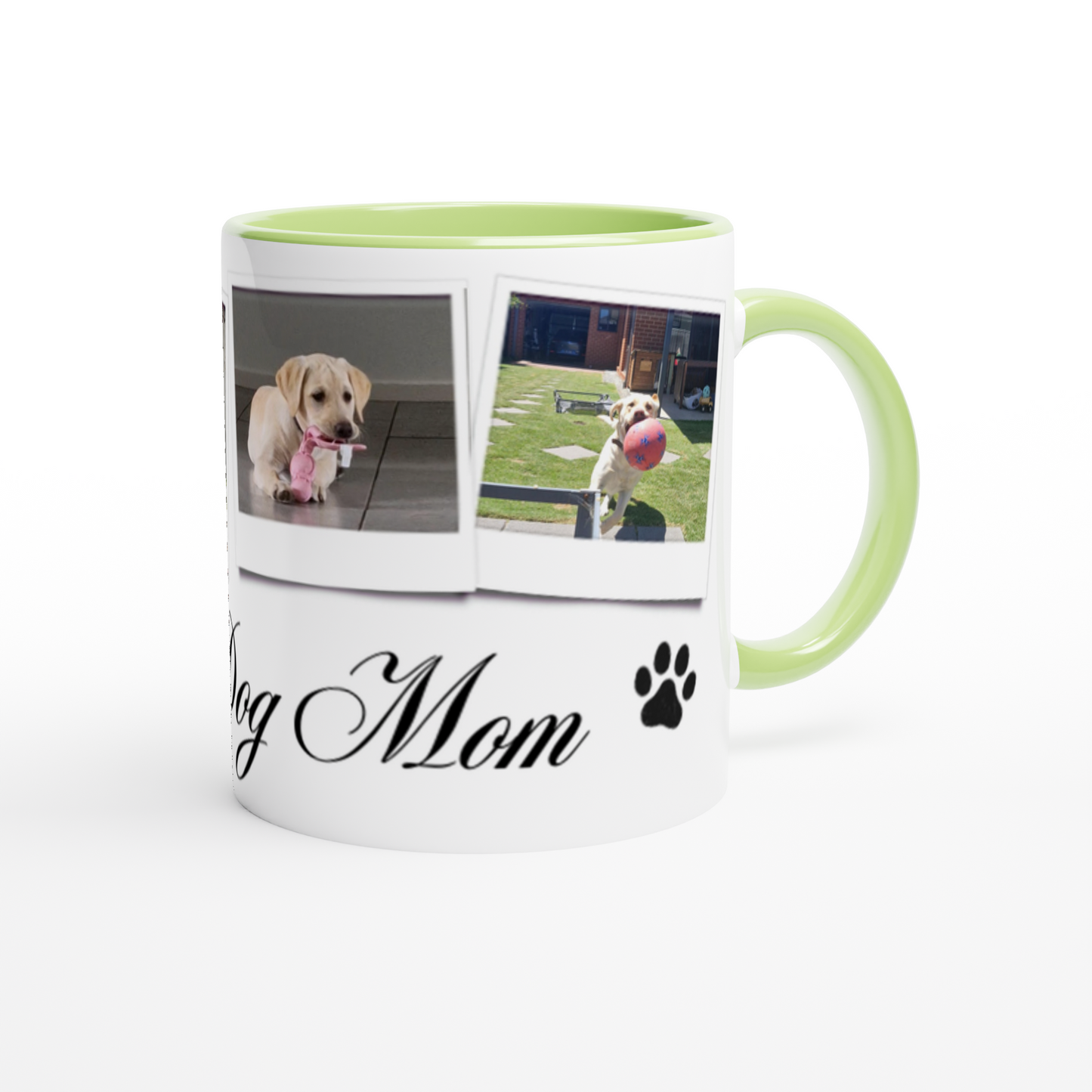 Personalize with 4 dog photos White 11oz Ceramic Mug with green Color Inside dog mom