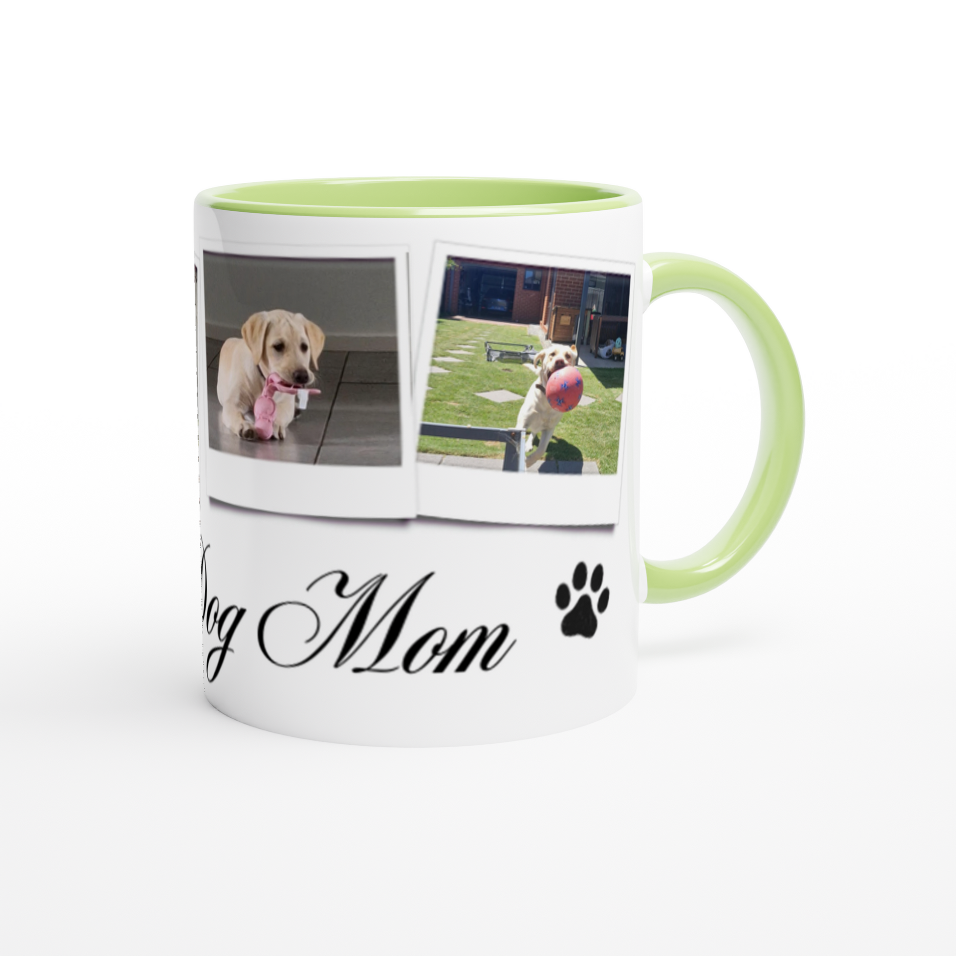 Personalize with 4 dog photos White 11oz Ceramic Mug with green Color Inside dog mom