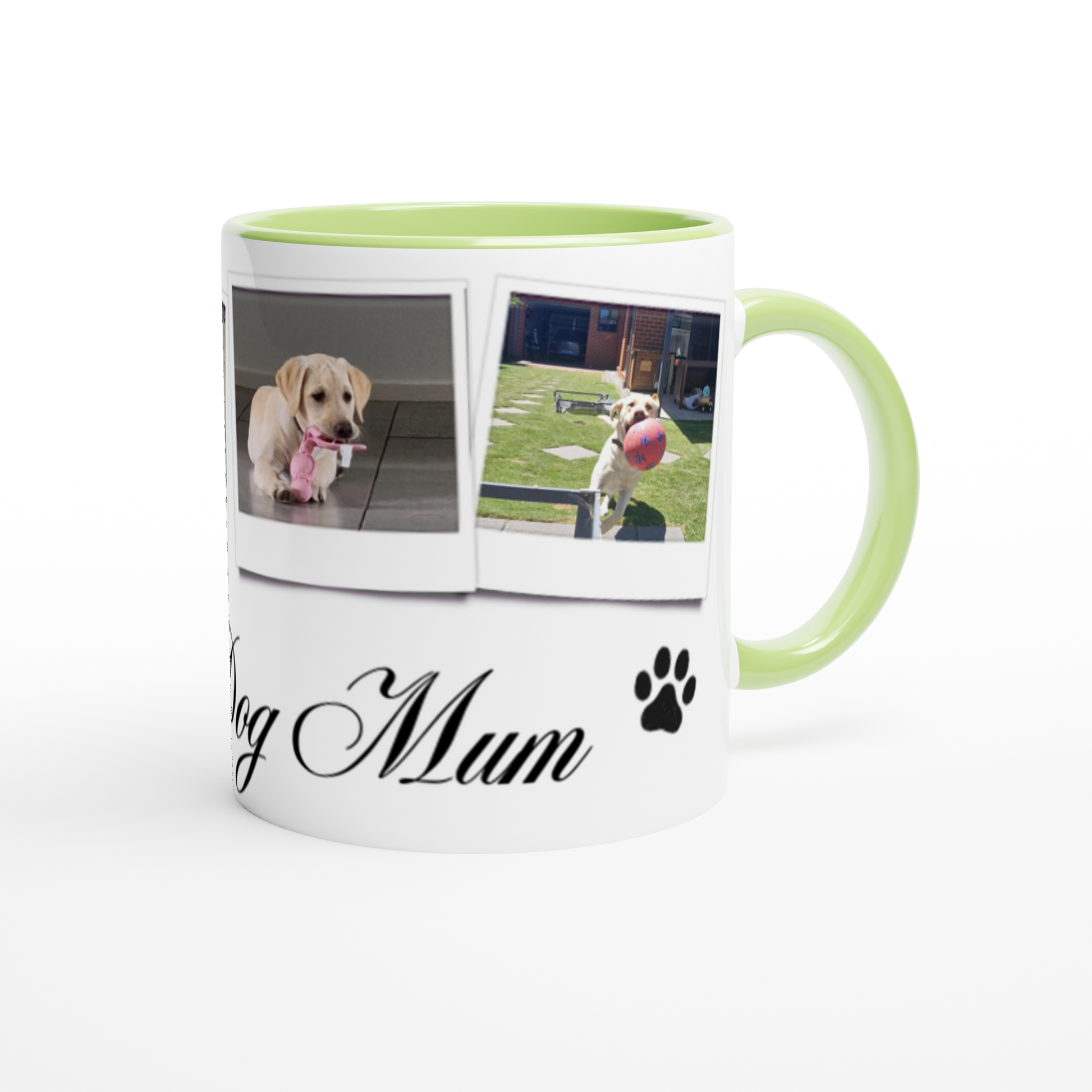 Personalize with 4 dog photos White 11oz Ceramic Mug with green Color Inside dog mum