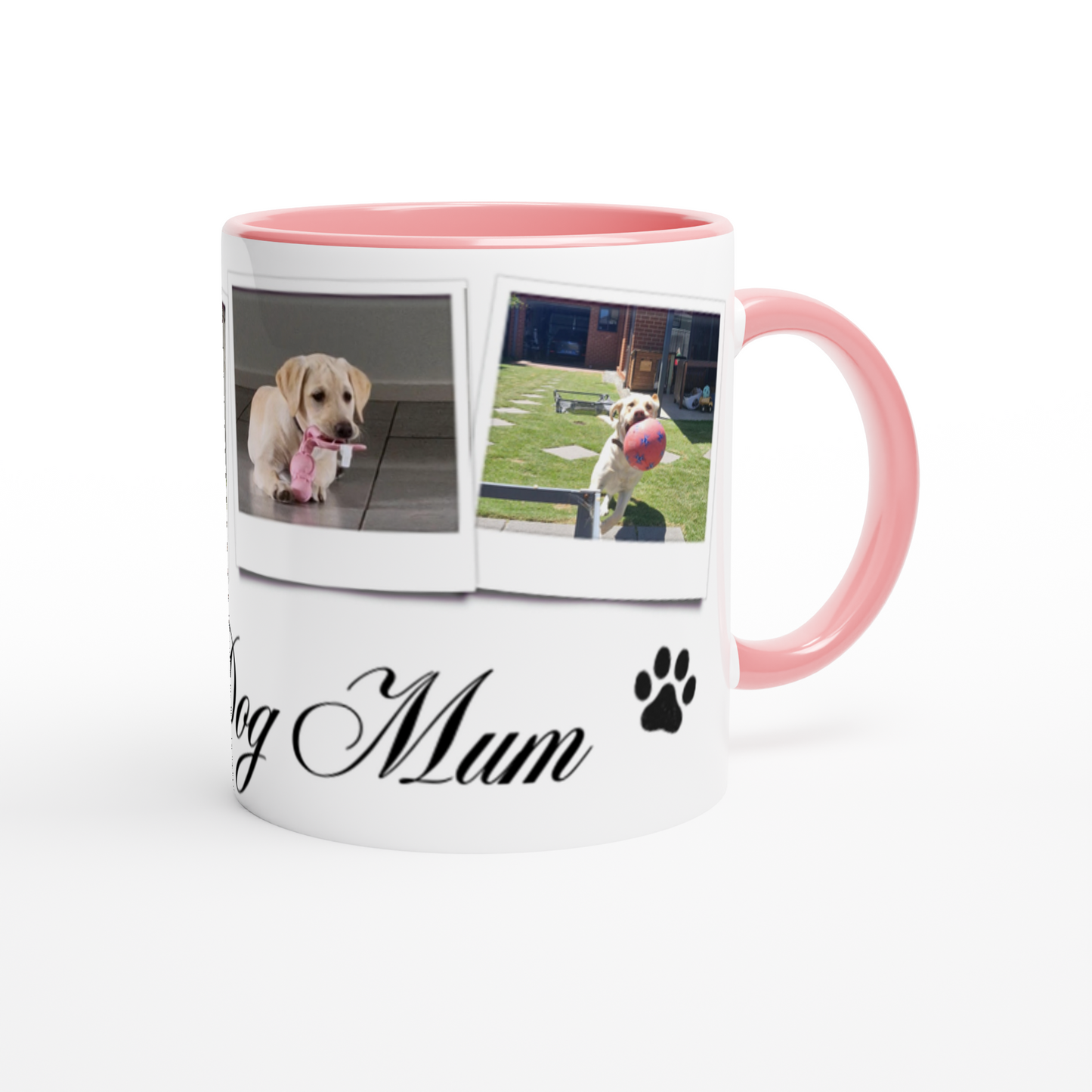 Personalize with 4 dog photos White 11oz Ceramic Mug with pink Color Inside dog mum