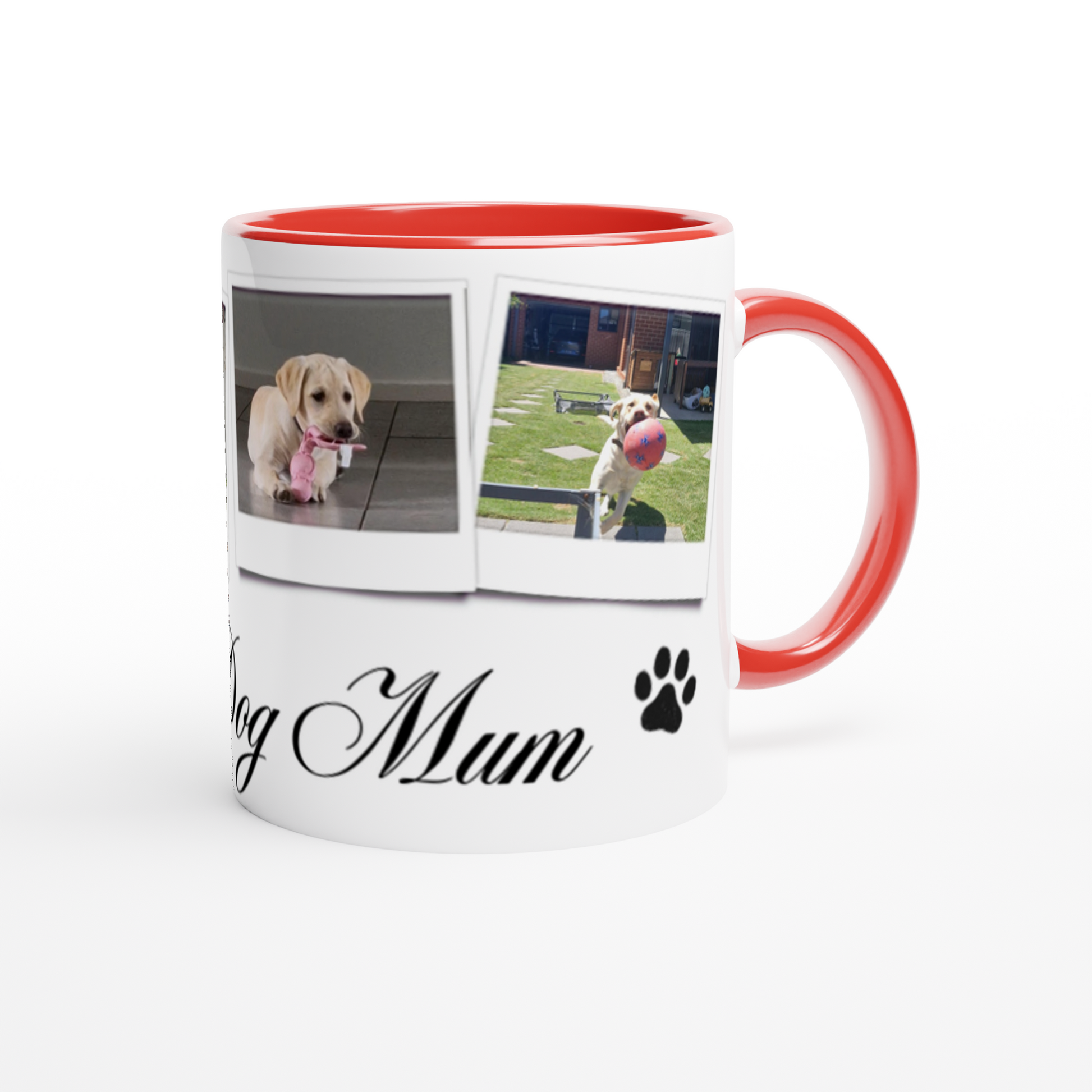 Personalize with 4 dog photos White 11oz Ceramic Mug with red Color Inside dog mum