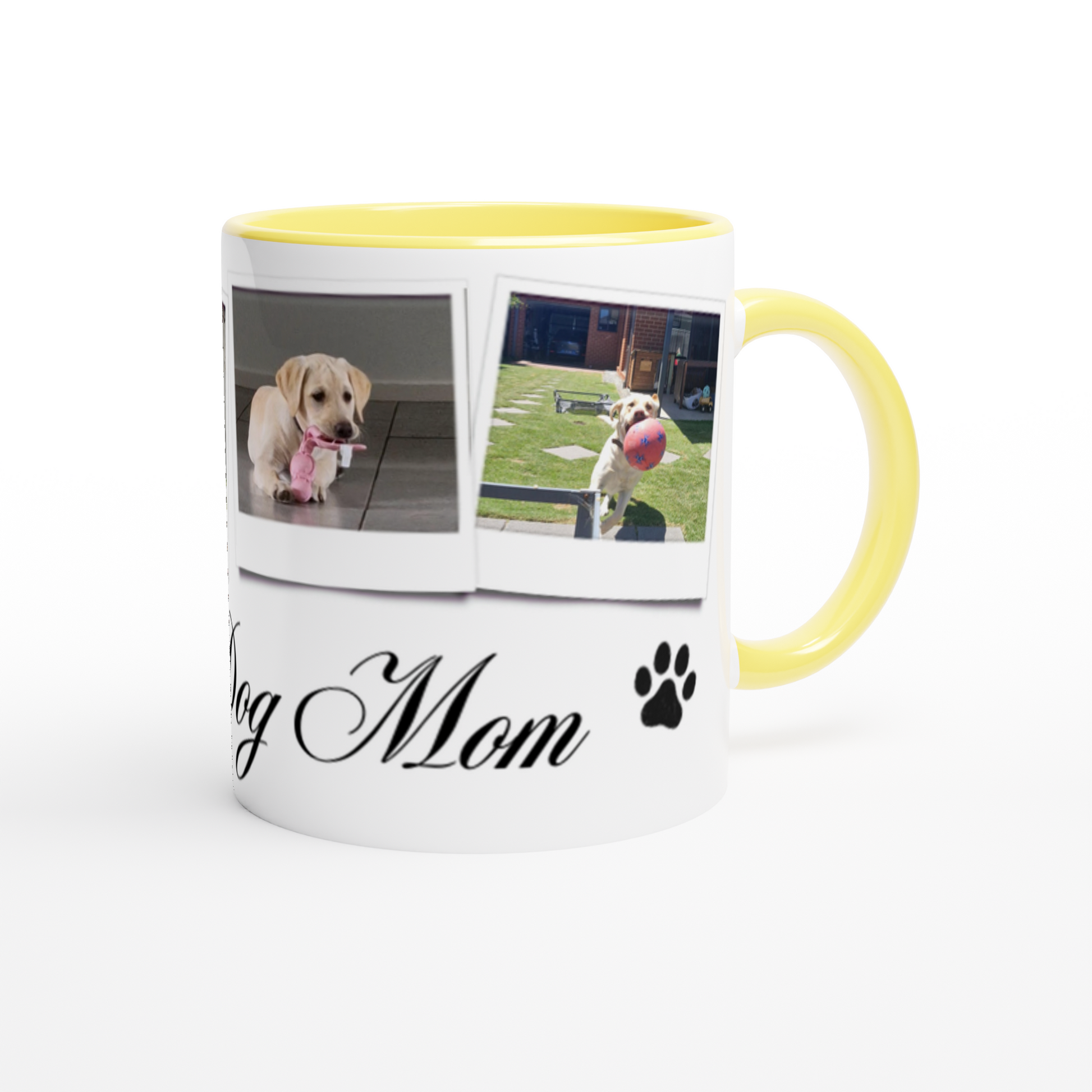 Personalize with 4 dog photos White 11oz Ceramic Mug with yellow Color Inside dog mom