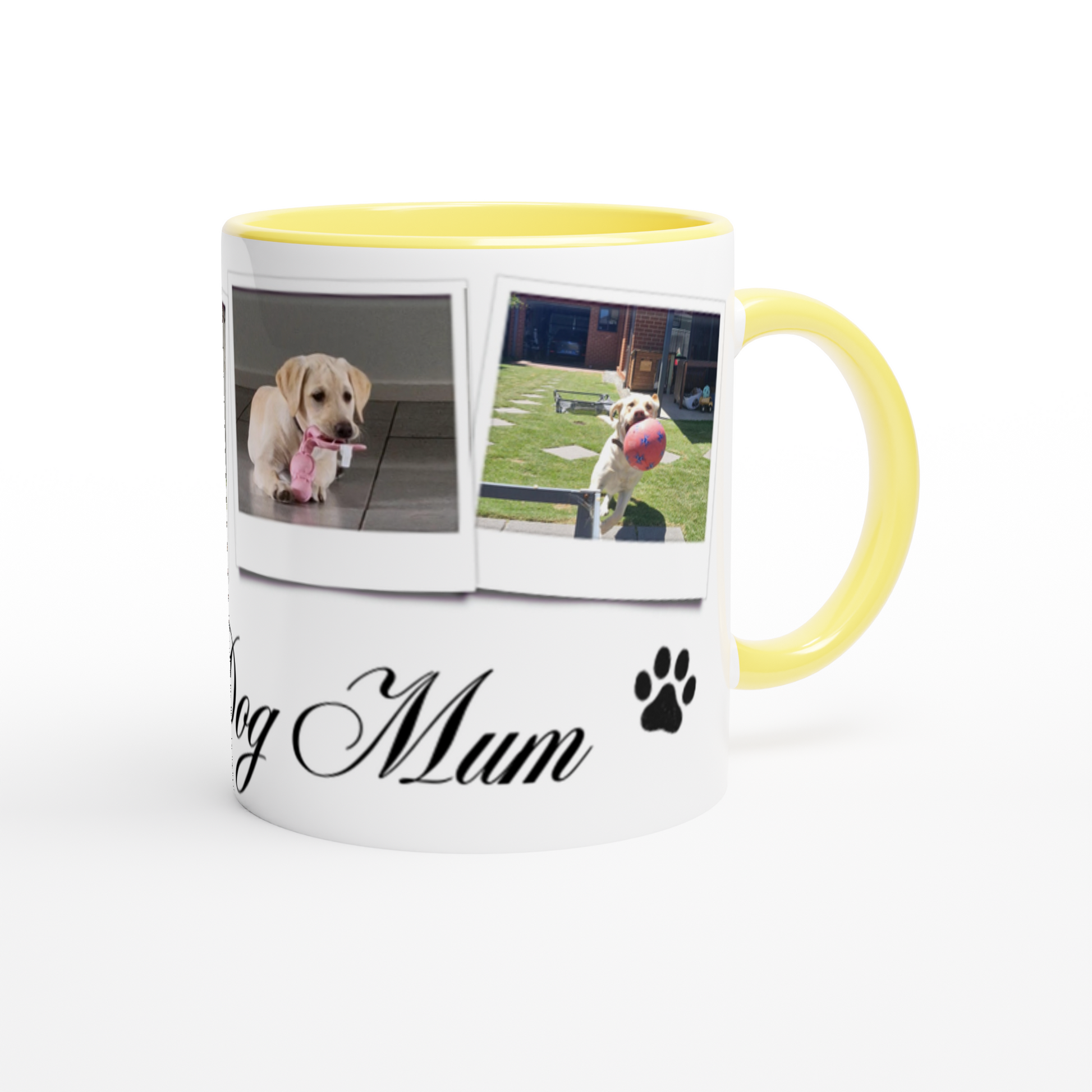 Personalize with 4 dog photos White 11oz Ceramic Mug with yellow Color Inside dog mum