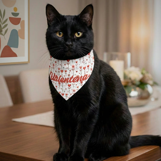 Black cat wearing an adjustable collar pet bandana featuring a pink coquette pattern personalized with her name, Valentina, while sitting on a wooden table ooking stunning.