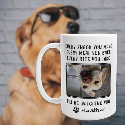 Personalized 15oz Mug - Every Snack You Make with Custom 2 Pet Photos context Dog Sunglasses