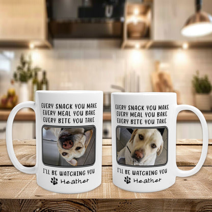 Personalized 15oz Mug - Every Snack You Make with Custom 2 Pet Photos context  Kitchen both sides of mug