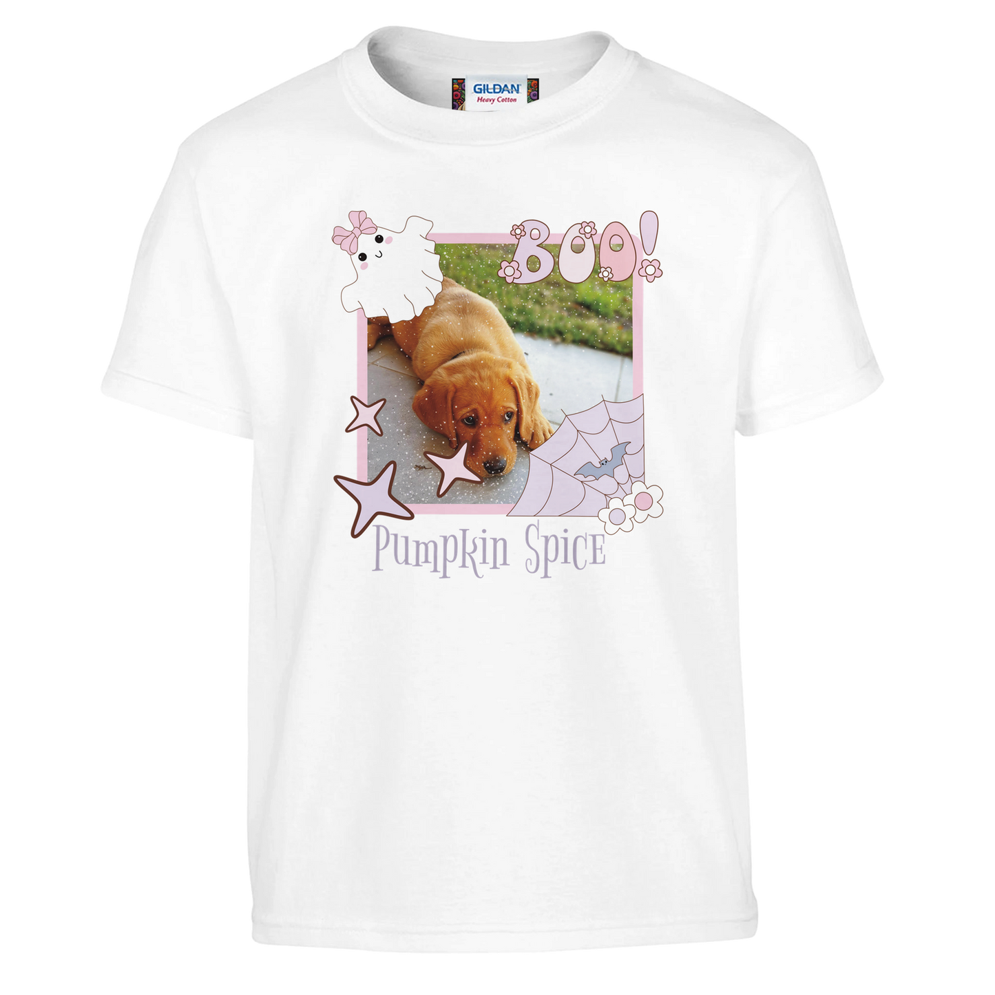 White t-shirt with a coquette pink Halloween picture frame graphic with a photo of a fox red Labrador puppy and text, Pumpkin Spice' on a white background