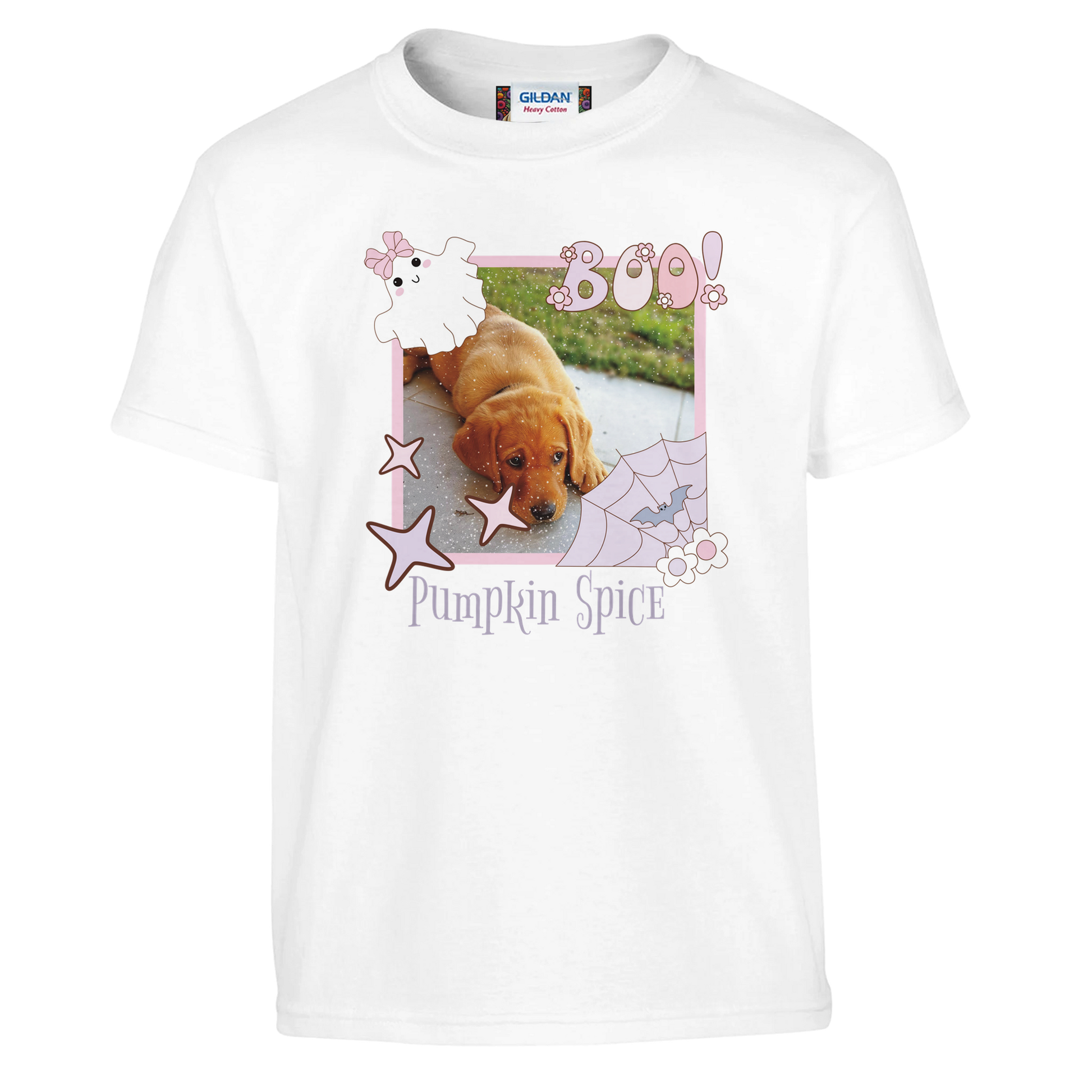 White t-shirt with a coquette pink Halloween picture frame graphic with a photo of a fox red Labrador puppy and text, Pumpkin Spice' on a white background
