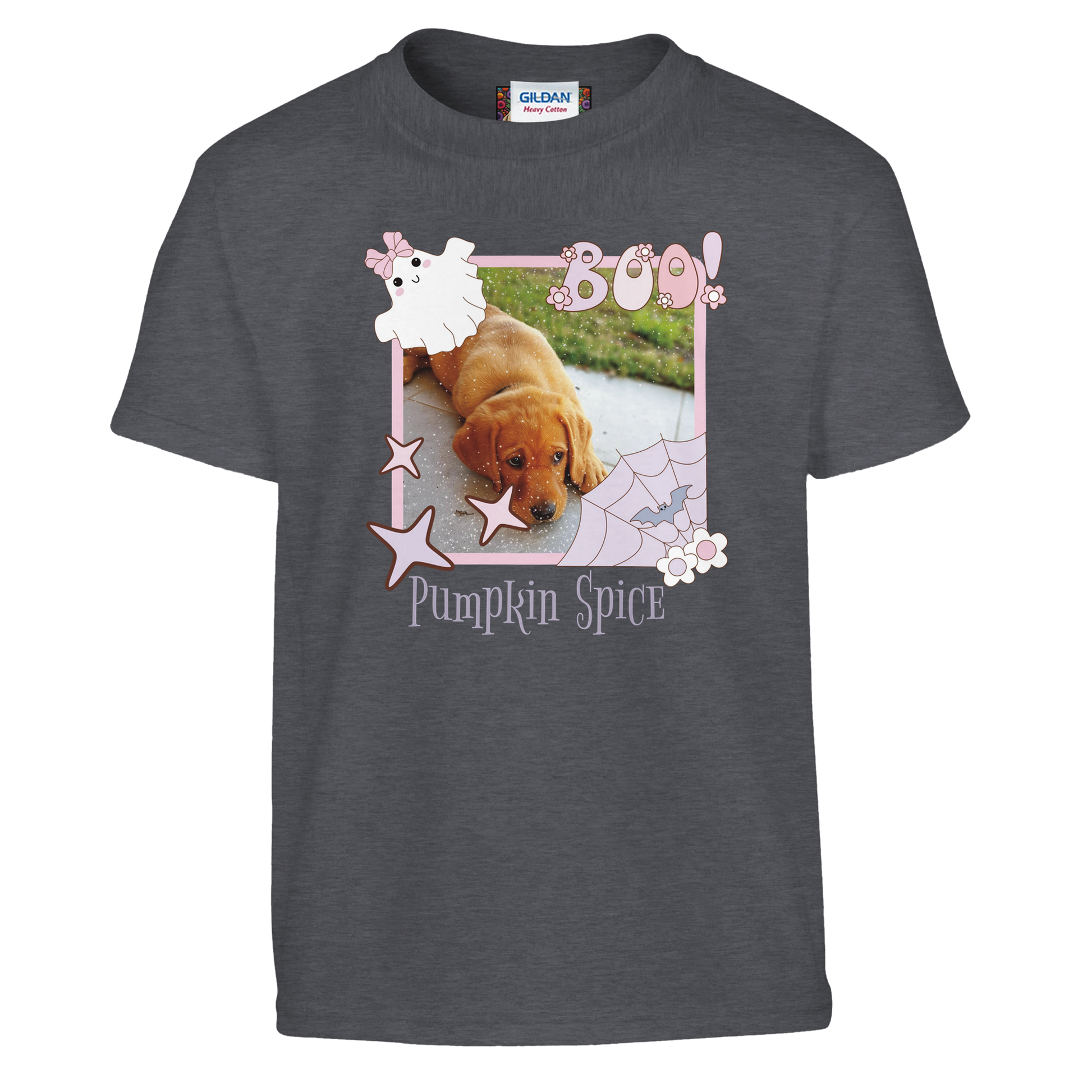  Dark Heather Grey T-shirt with a coquette pink Halloween picture frame graphic with a photo of a fox red Labrador puppy and text, Pumpkin Spice' on a white background
