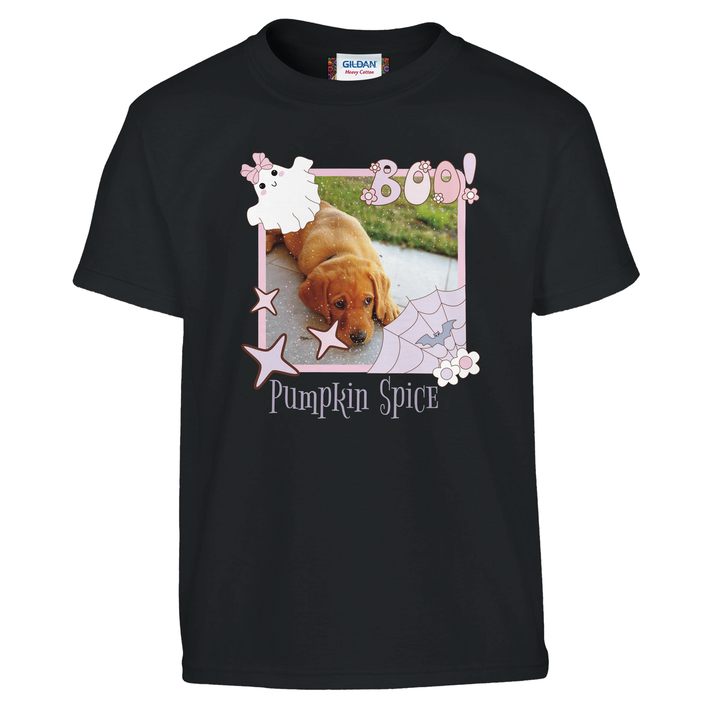 Black t-shirt  with a coquette pink Halloween picture frame graphic with a photo of a fox red Labrador puppy and text, Pumpkin Spice' on a white background