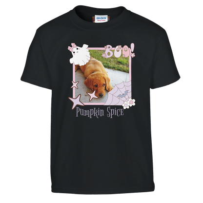 Black t-shirt  with a coquette pink Halloween picture frame graphic with a photo of a fox red Labrador puppy and text, Pumpkin Spice' on a white background