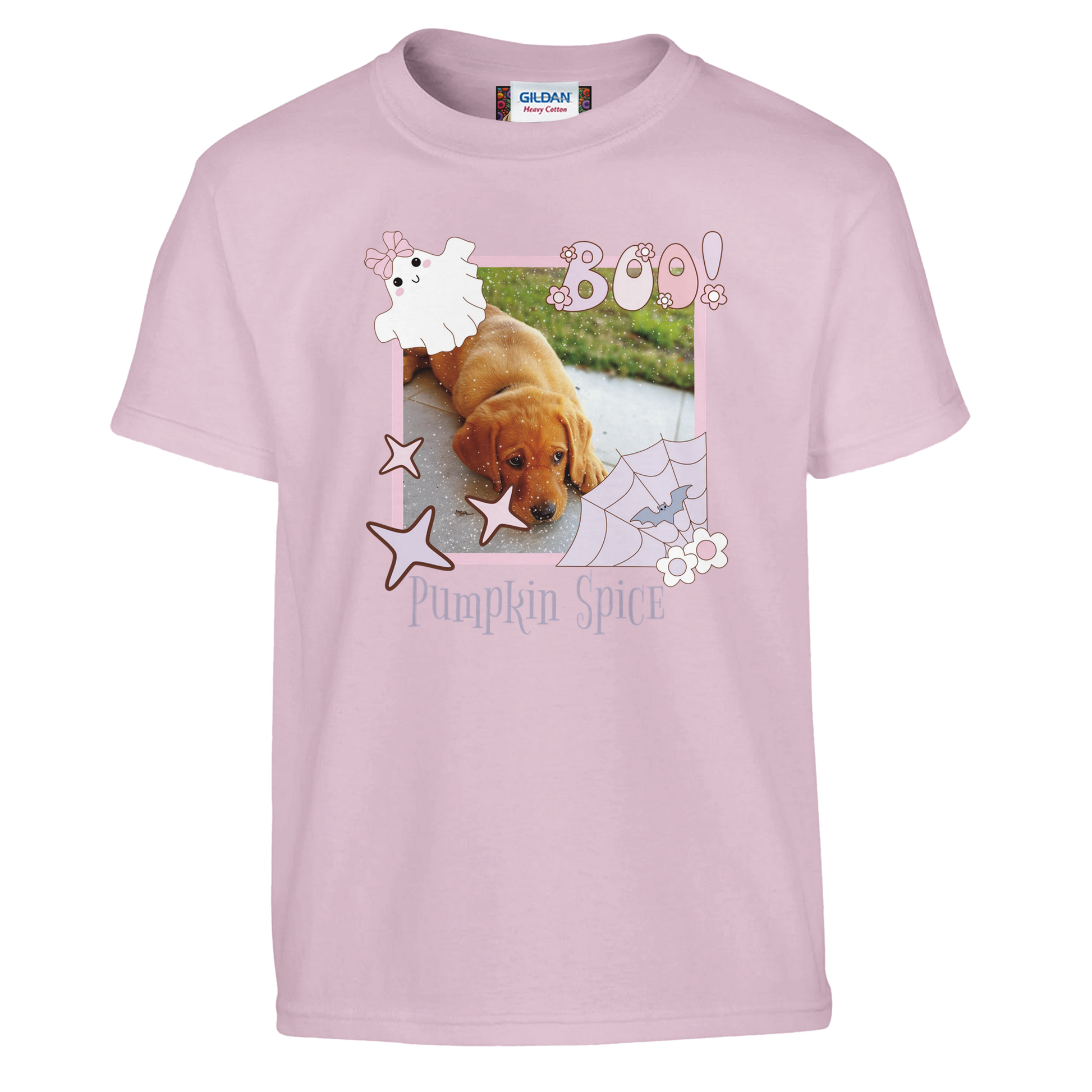  Pink T-shirt with a coquette pink Halloween picture frame graphic with a photo of a fox red Labrador puppy and text, Pumpkin Spice' on a white background