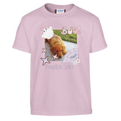  Pink T-shirt with a coquette pink Halloween picture frame graphic with a photo of a fox red Labrador puppy and text, Pumpkin Spice' on a white background