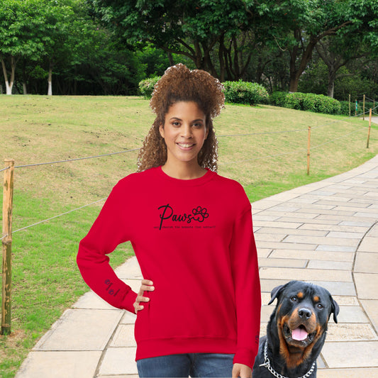 Personalized Crewneck Sweatshirt  Custom Embroidered Pets Names - Paws Cherish Context red