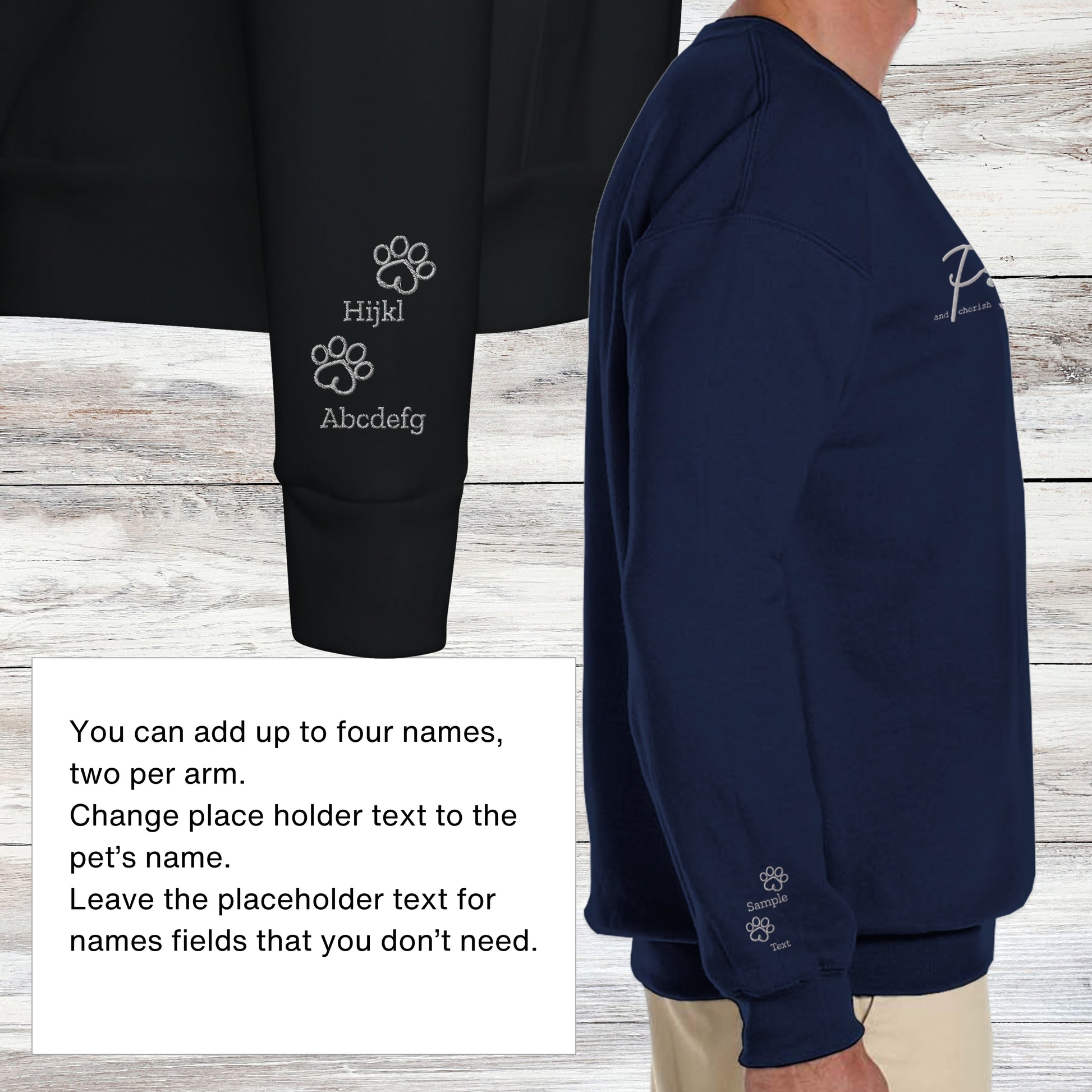 Embroidered, personalised crew neck pullover jumper in navy blue or black - detail - add up to 4 names to the sleeves of the sweatshirt.