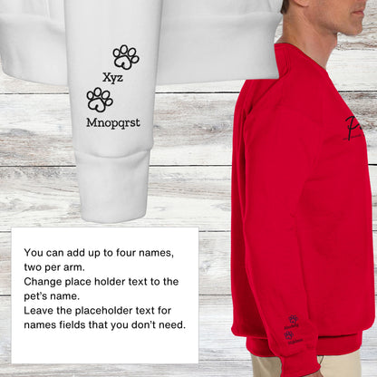 Custom embroidered crew neck pullover sweatshirt in white, red, or ash grey. Personalise the sleeves by adding up to 4 names. 