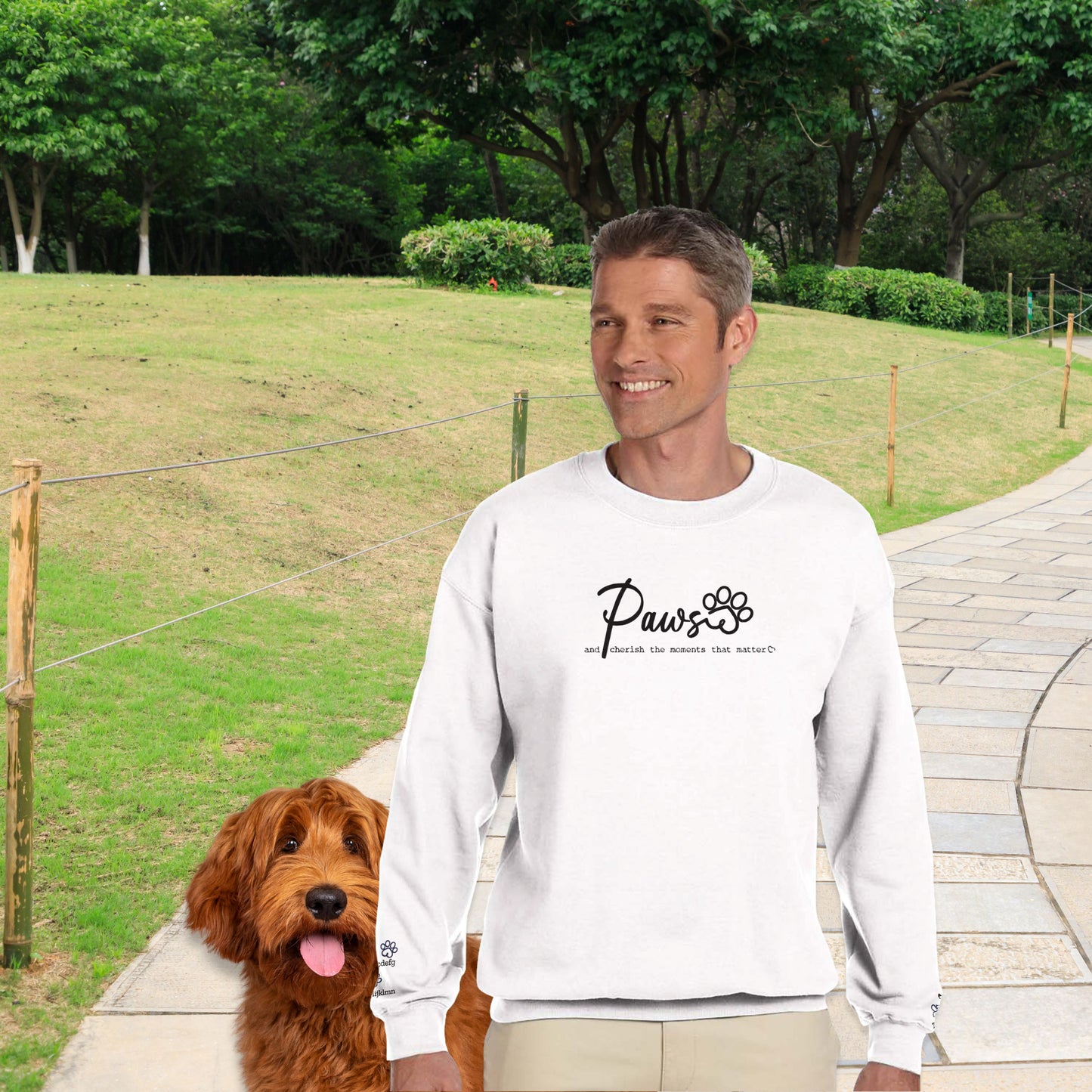 Personalized Crewneck Sweatshirt  Custom Embroidered Pets Names - Paws Cherish Context white