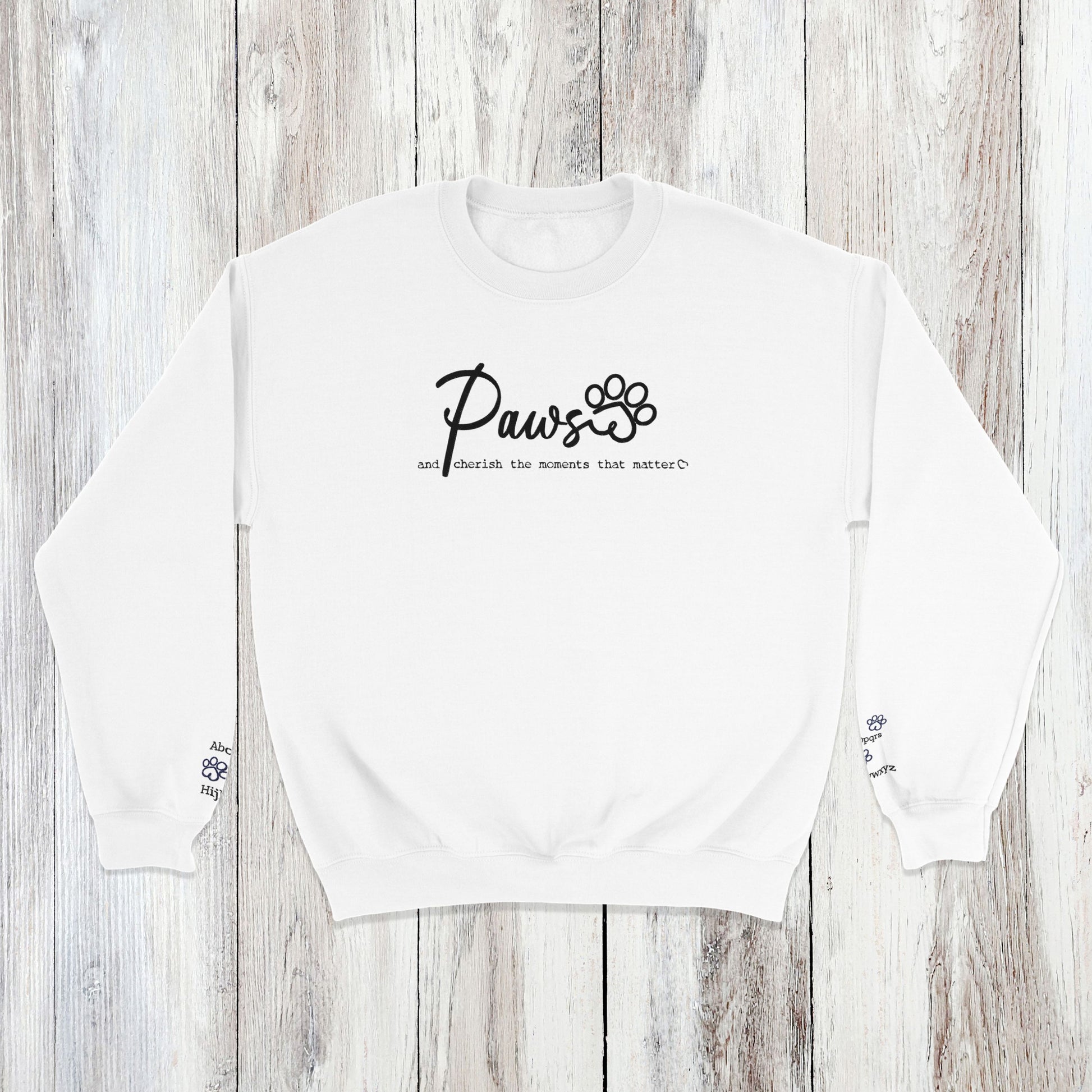 Personalized Crewneck Sweatshirt  Custom Embroidered Pets Names - Paws Cherish white
