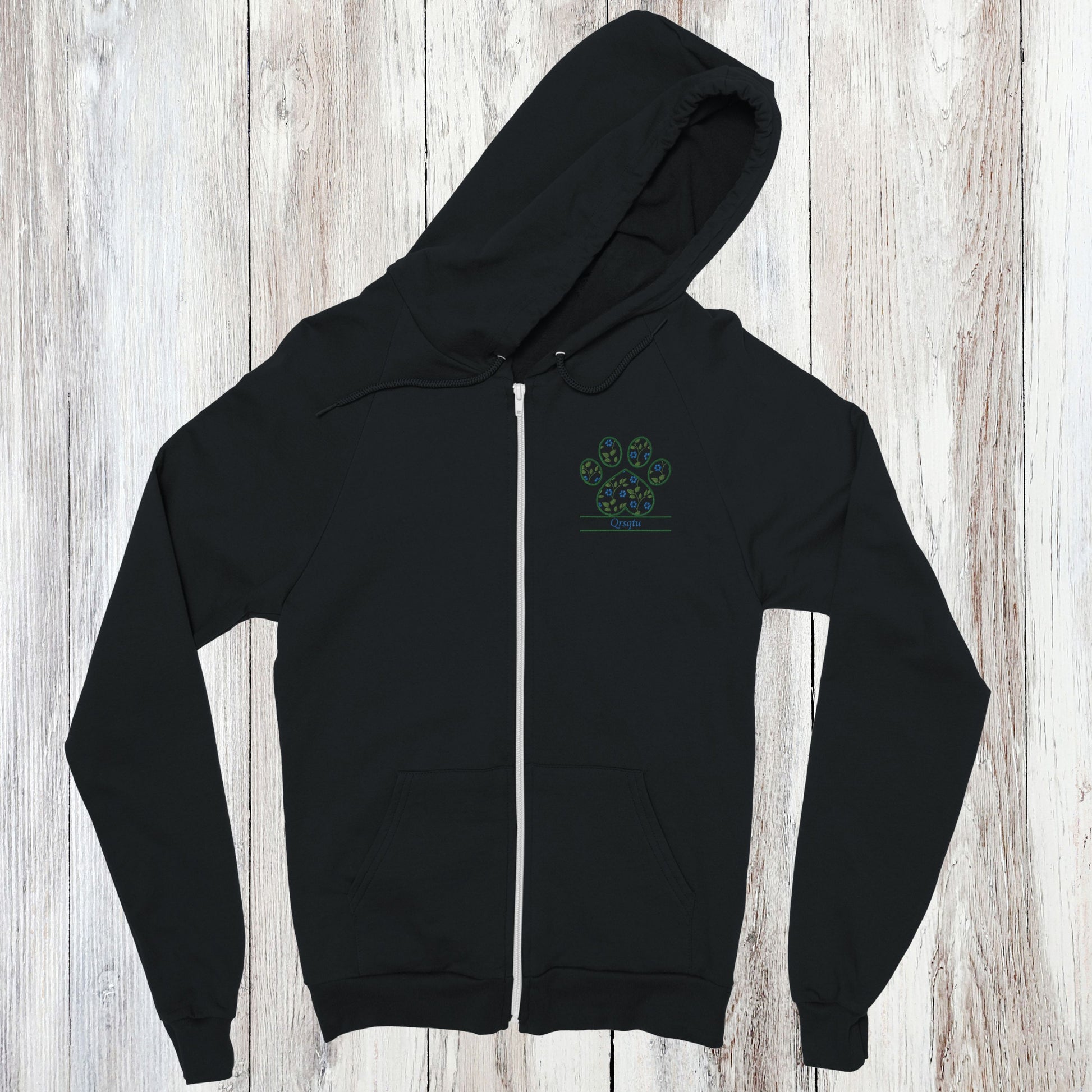 Personalized Floral Paw Print Zip Hoodie Custom Pet Name Design Black with Blue Flowers