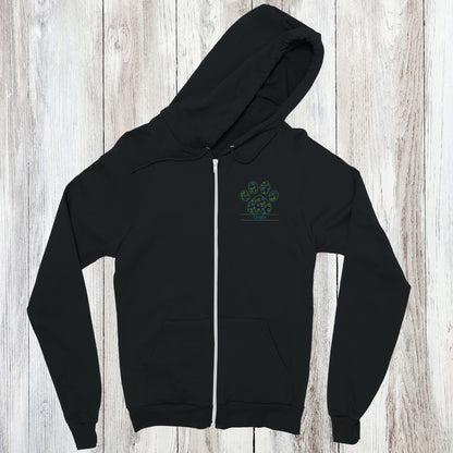 Personalized Floral Paw Print Zip Hoodie Custom Pet Name Design Black with Blue Flowers
