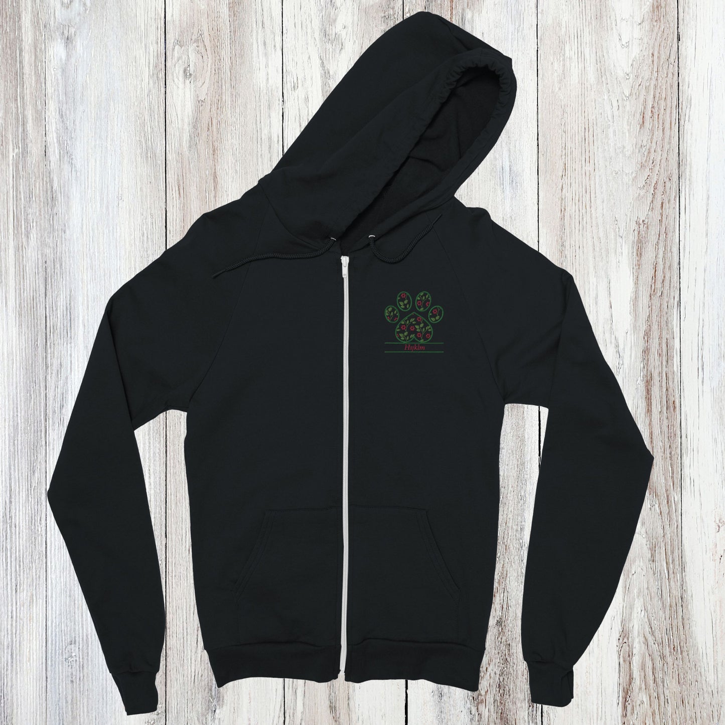 Personalized Floral Paw Print Zip Hoodie Custom Pet Name Design Black with Pink Flowers