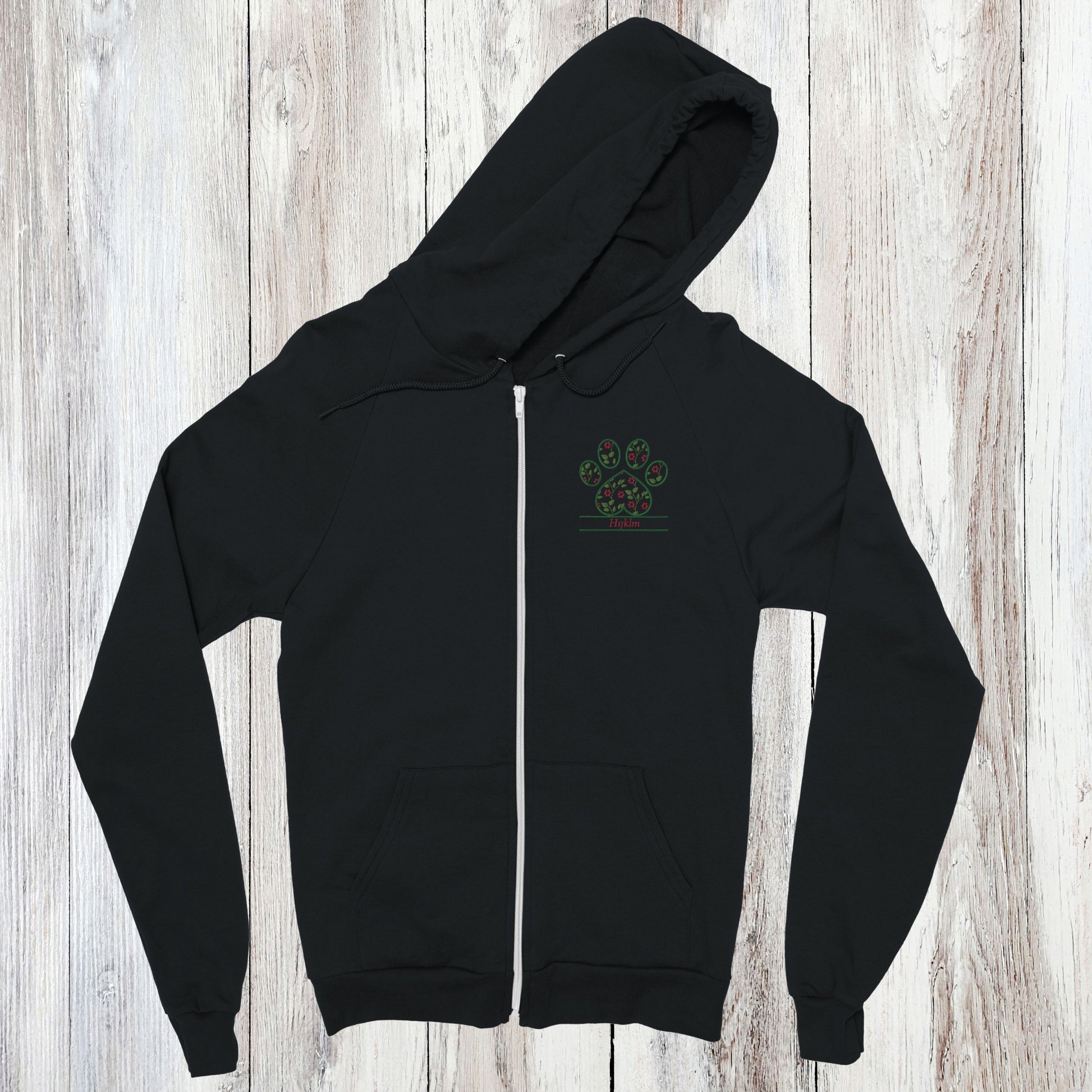 Personalized Floral Paw Print Zip Hoodie Custom Pet Name Design Black with Pink Flowers